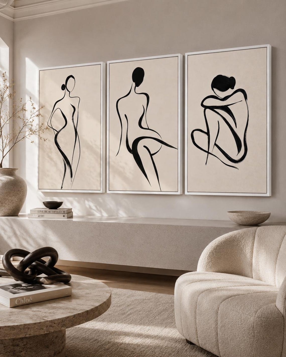Three black minimalist female figure line drawings on neutral backgrounds detail view