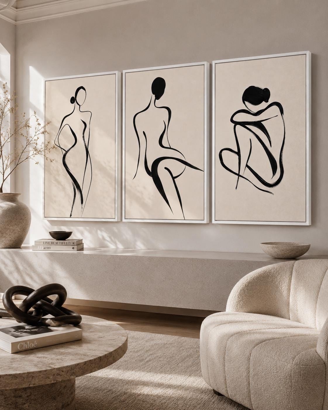 Three black minimalist female figure line drawings on neutral backgrounds detail view