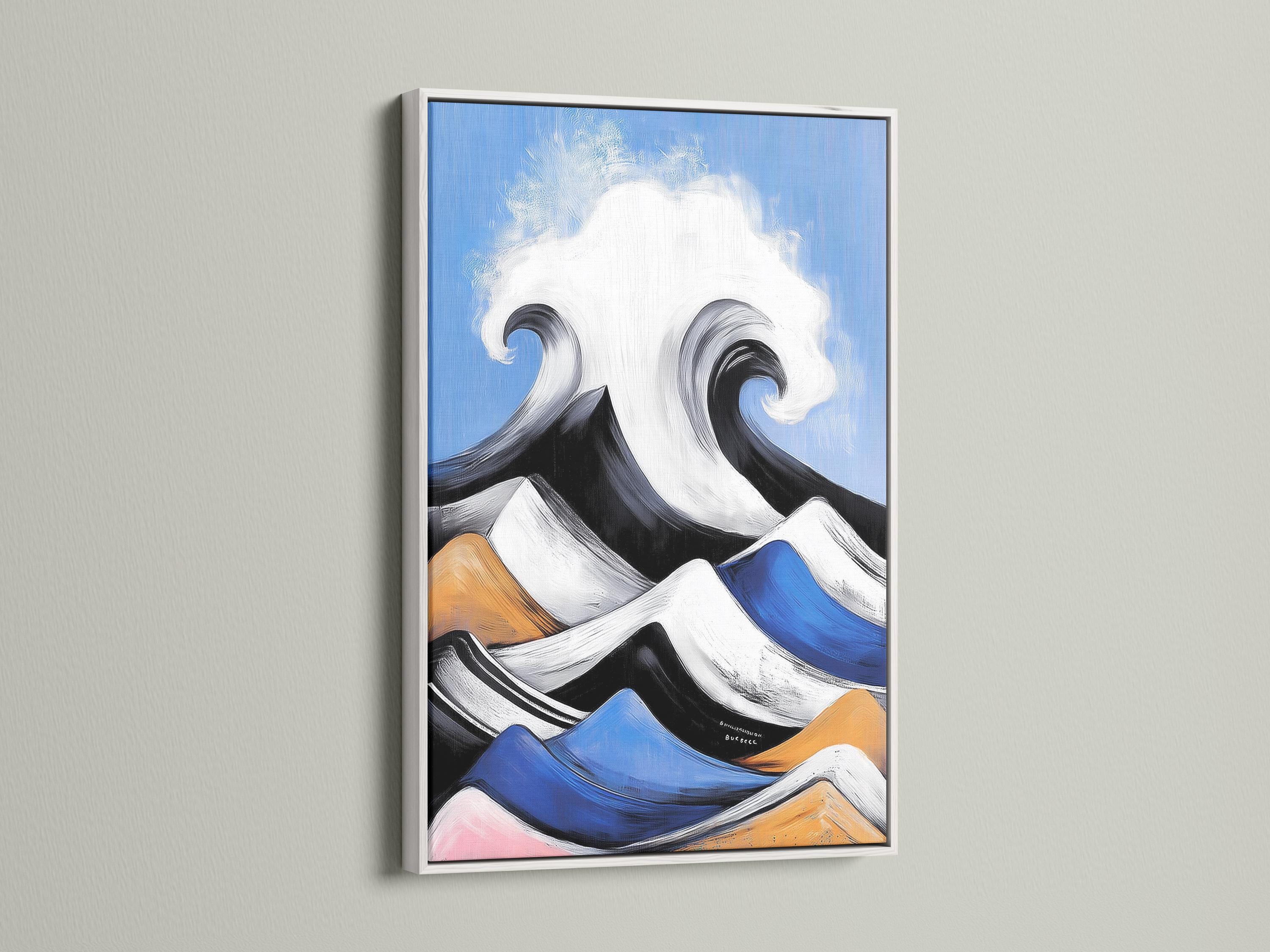 Abstract wave seascape with white and blue curling wave shapes on a blue background detail view