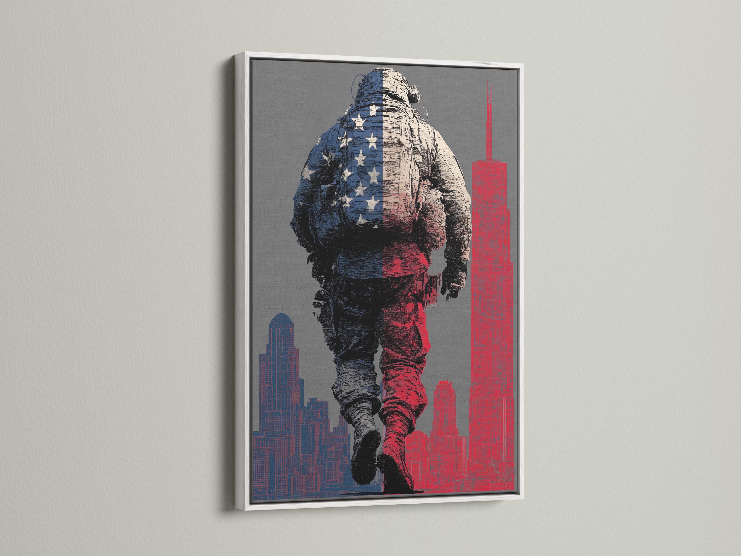 Distressed soldier illustration with blue star patchwork and red-and-navy city skyline detail view