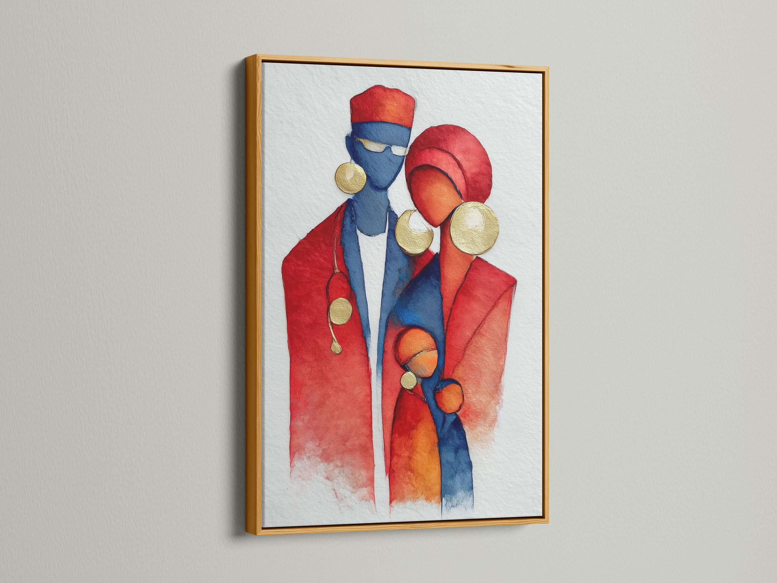 Red and blue doctor figures with gold accents in a watercolor style illustration on a light background detail view