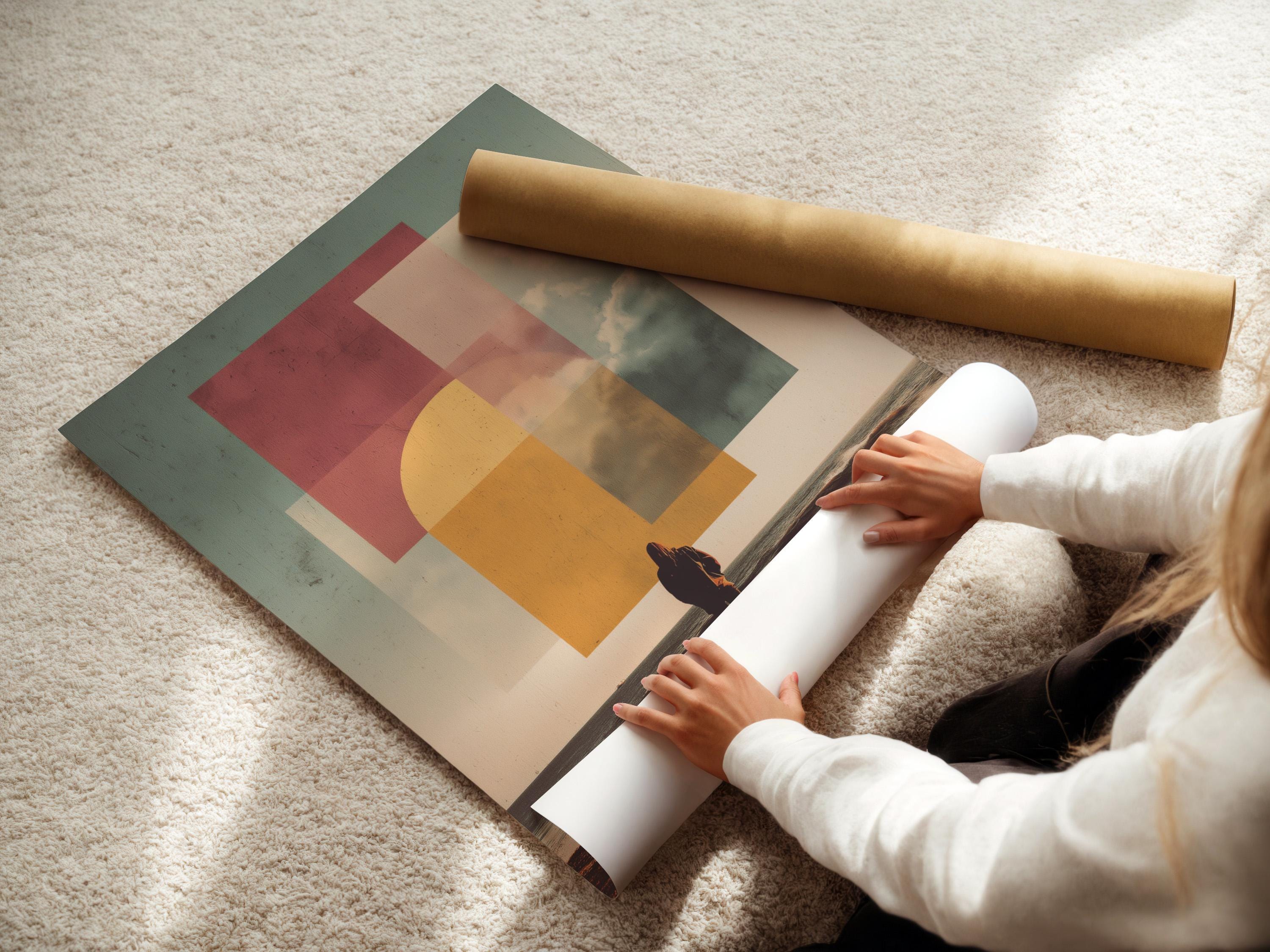 Geometric ocean sunset seascape with a silhouetted figure on a sandy shore detail view