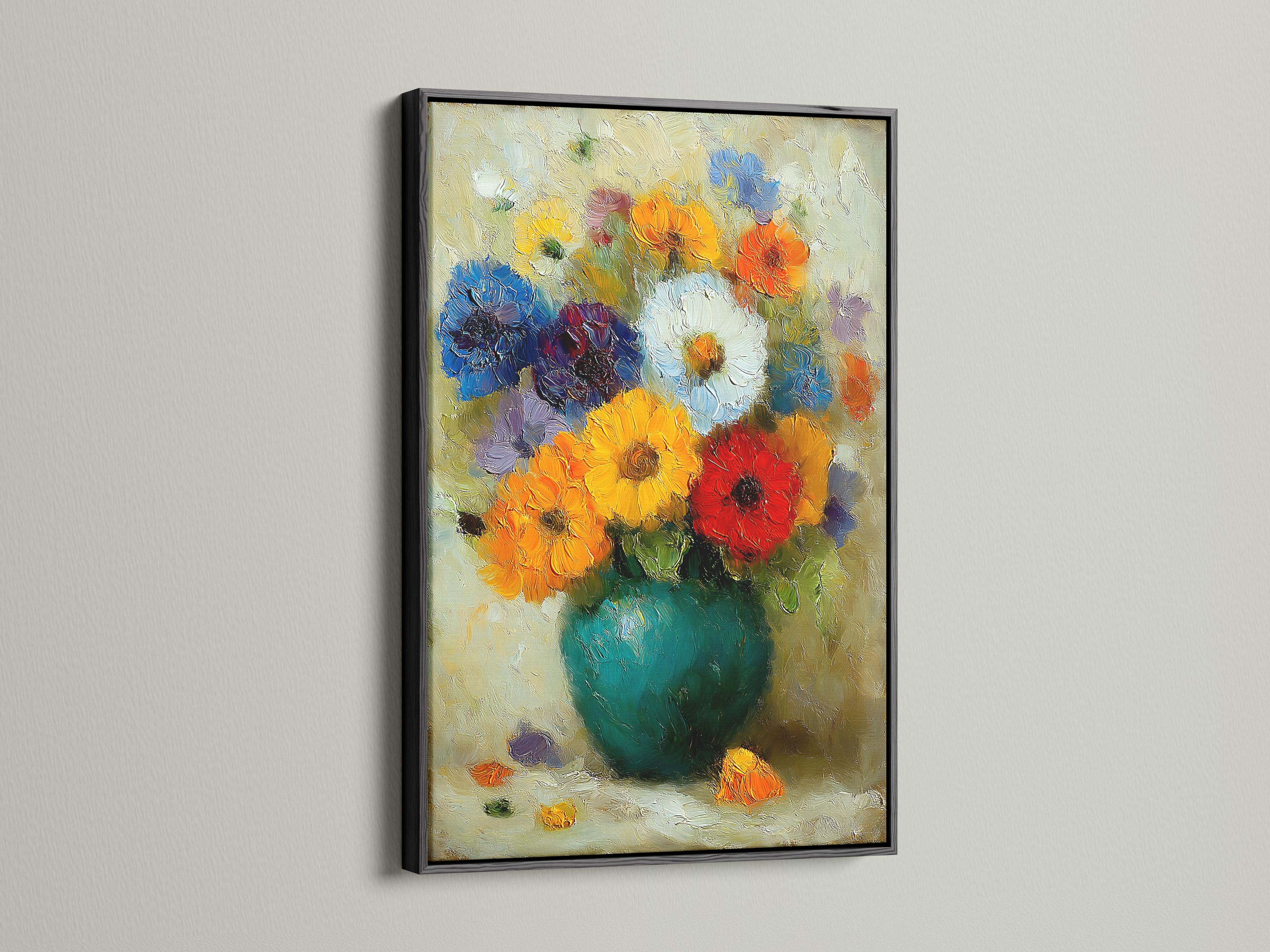 Painterly impressionist bouquet of multicoloured flowers on a creamy textured background detail view