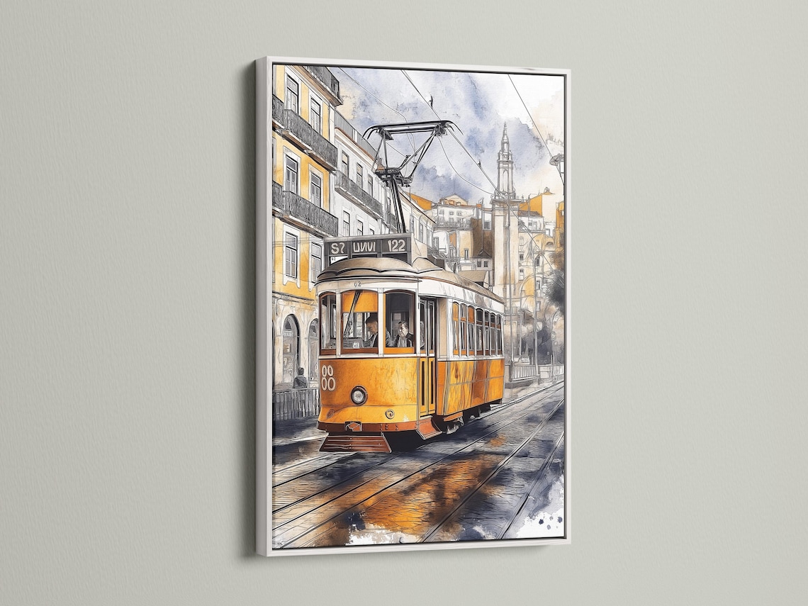 Painterly yellow tram on tracks beside city buildings with overhead cables detail view