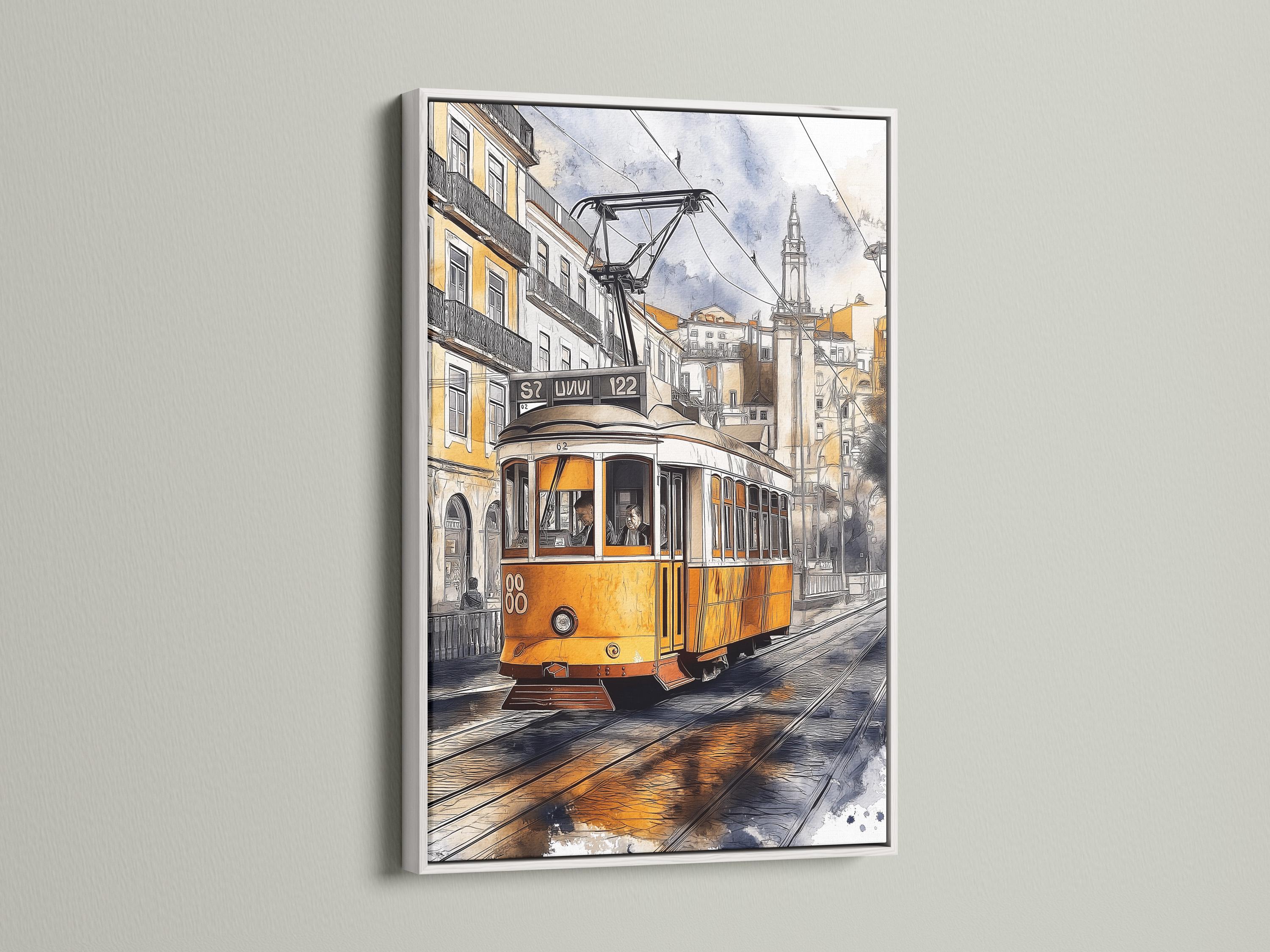 Painterly yellow tram on tracks beside city buildings with overhead cables detail view