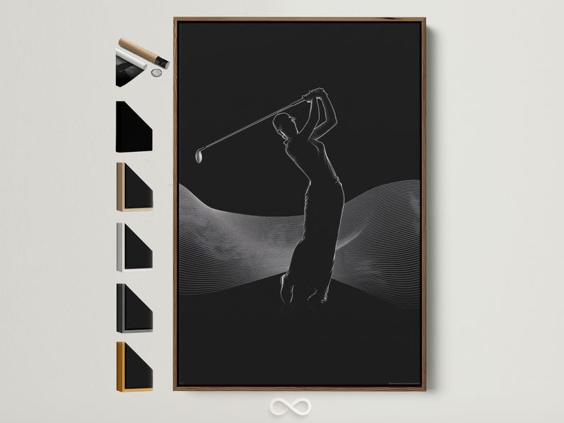 Black and white line art of a golfer silhouette mid-swing with curved contour lines