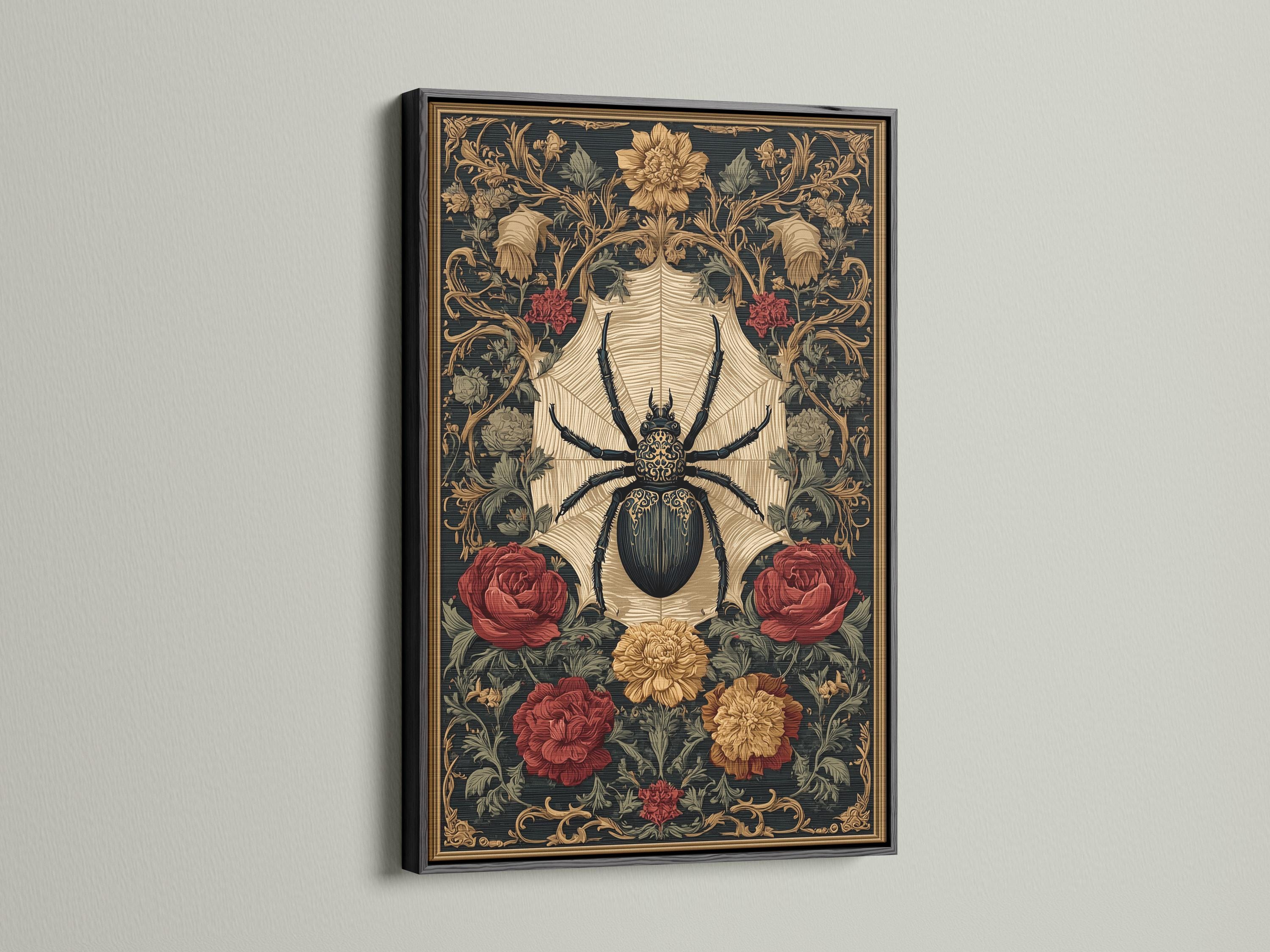 Gothic artwork with a central black spider, cream starburst, and roses detail view