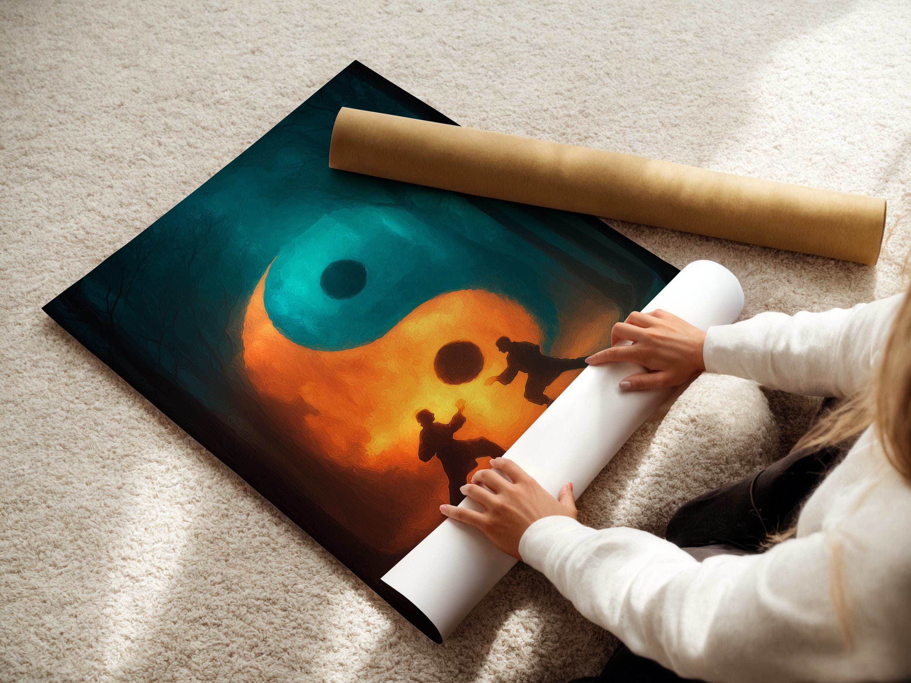 Room mockup showing a framed artwork with a teal and orange yin-yang symbol and two meditating figures