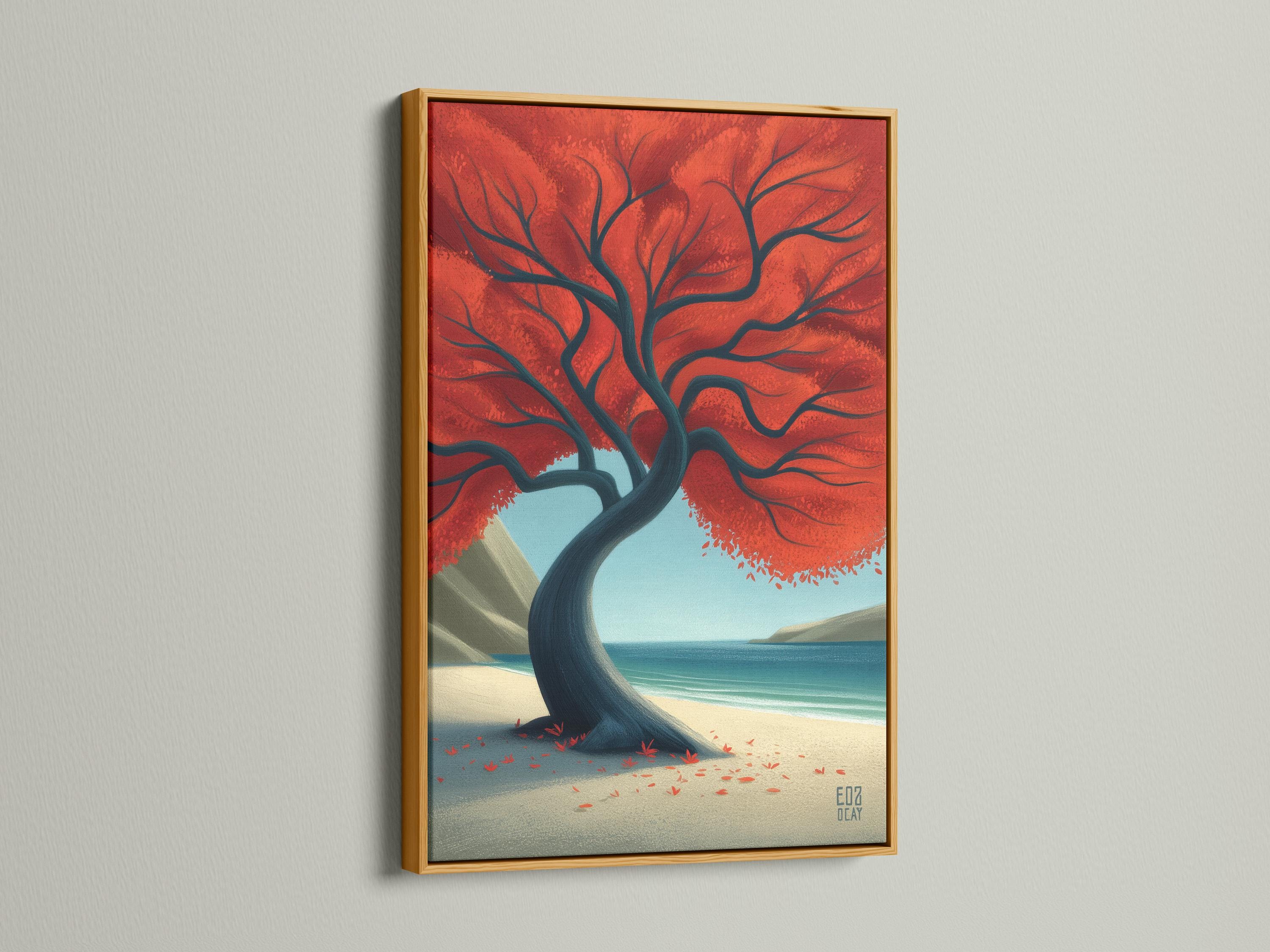 Stylised tree with a red canopy over a sandy beach with a blue ocean detail view