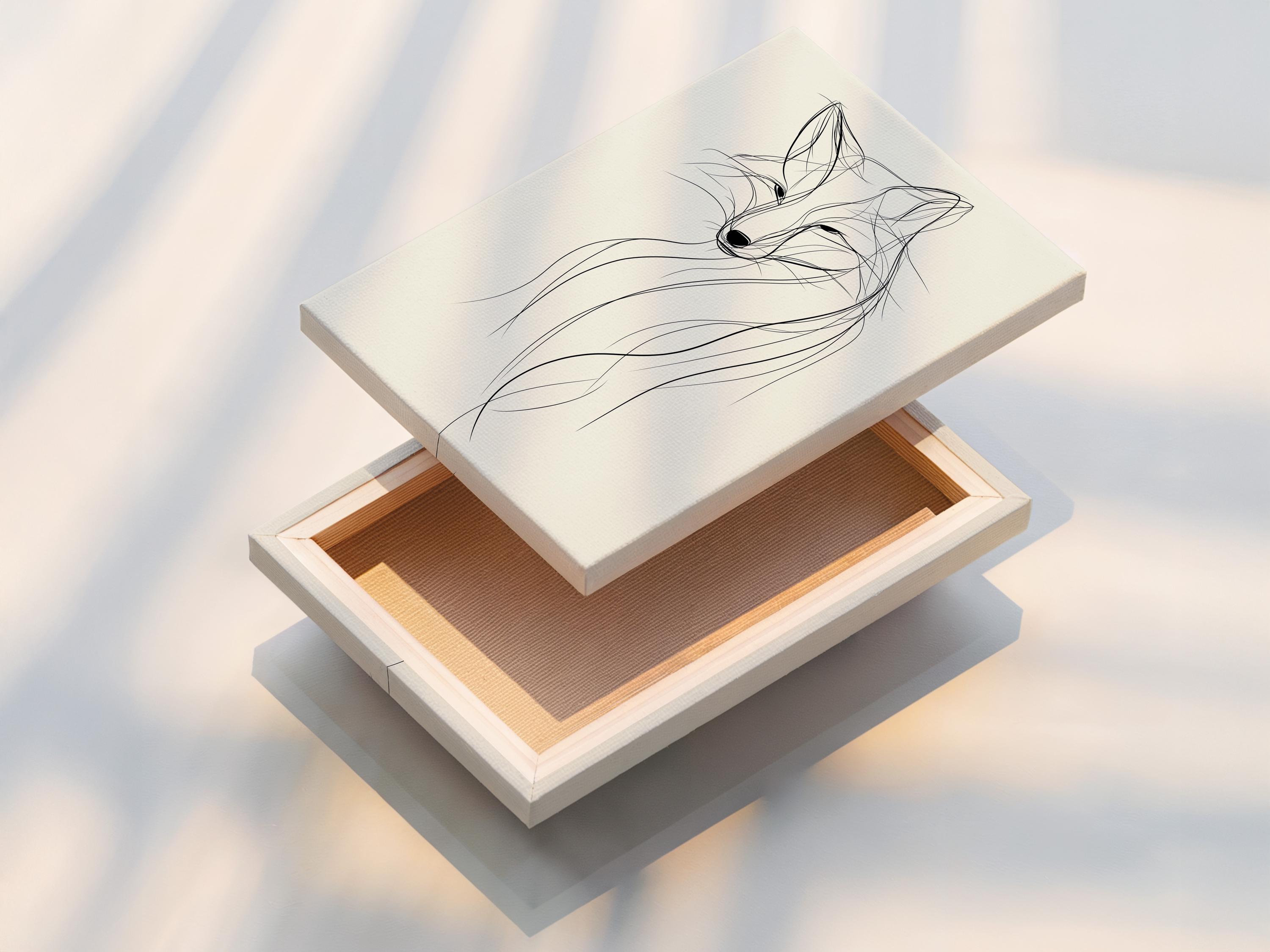Minimalist fox line drawing in black on a warm beige background detail view