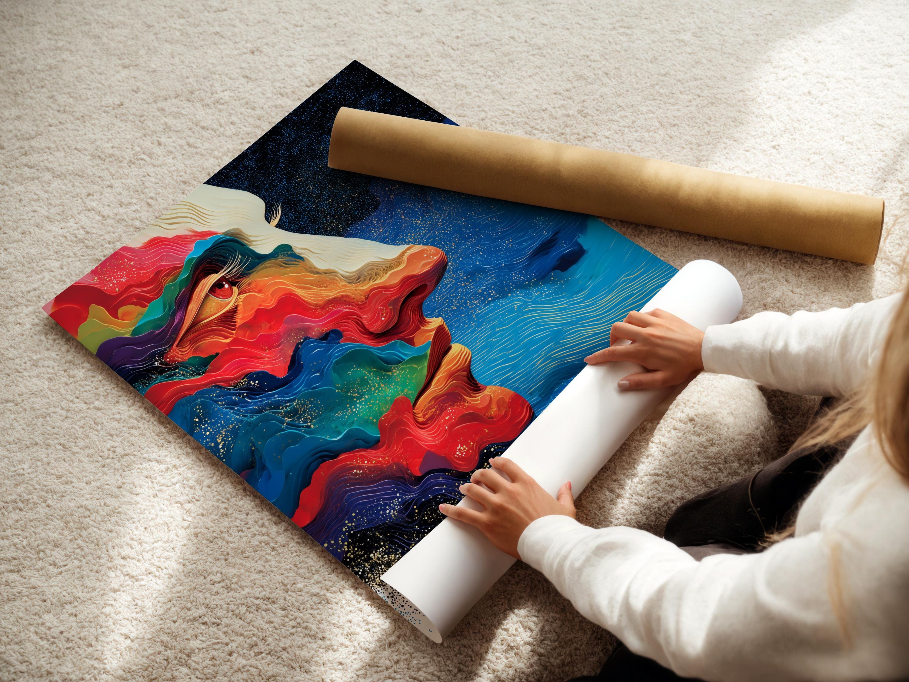 Abstract face in side profile with flowing red, blue and teal shapes and warm gold highlights on a dark starry background detail view