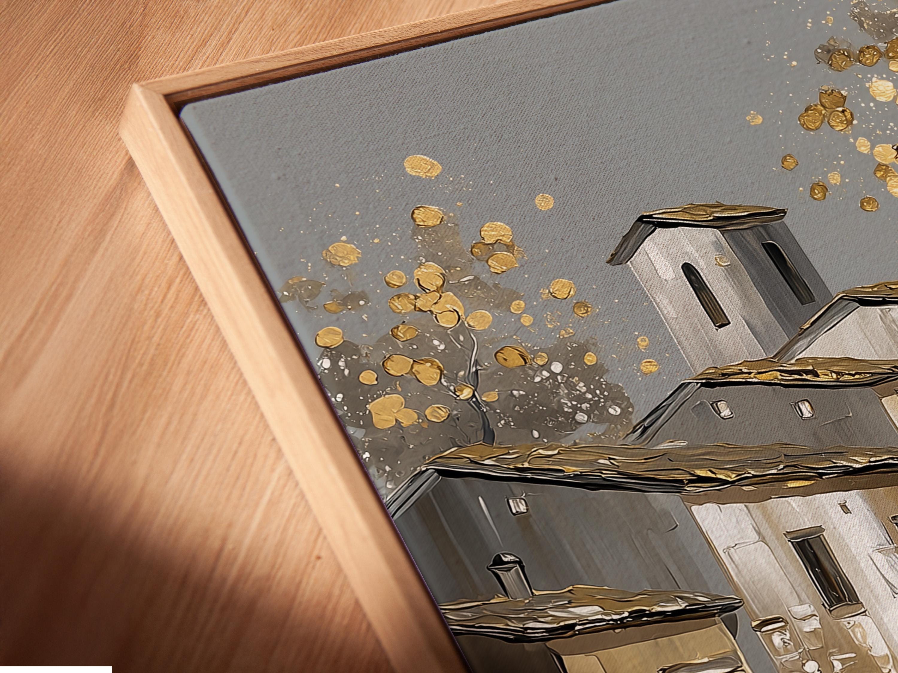 Gold sparkle European village street illustration with white buildings and grey roofs detail view