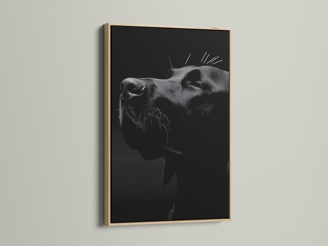 Monochrome dog portrait with crosshatched shading on a dark background detail view