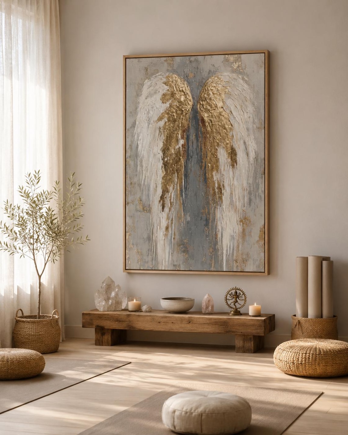 An angel-wing motif is shown symmetrically in layered white, grey and gold leaf-like tones, set against a textured neutral background detail view