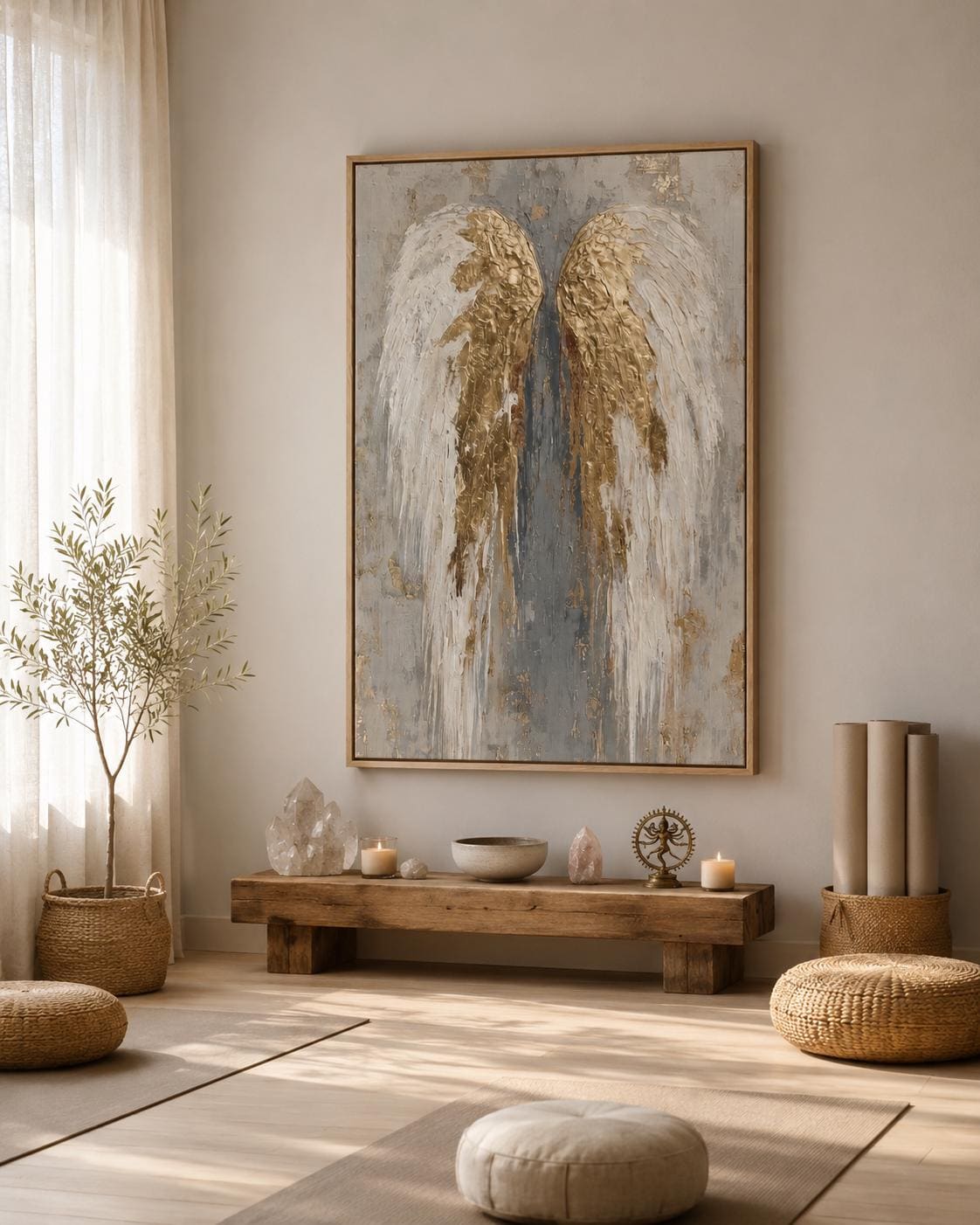 An angel-wing motif is shown symmetrically in layered white, grey and gold leaf-like tones, set against a textured neutral background detail view