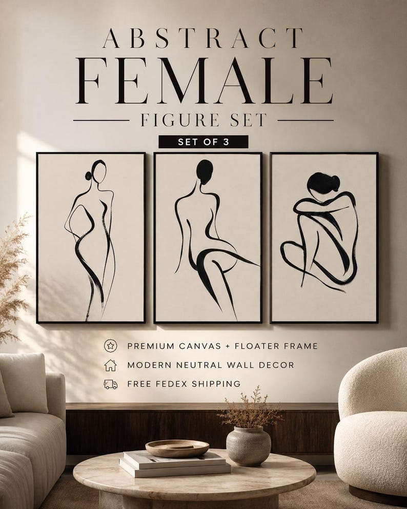 Three black minimalist female figure line drawings on neutral backgrounds