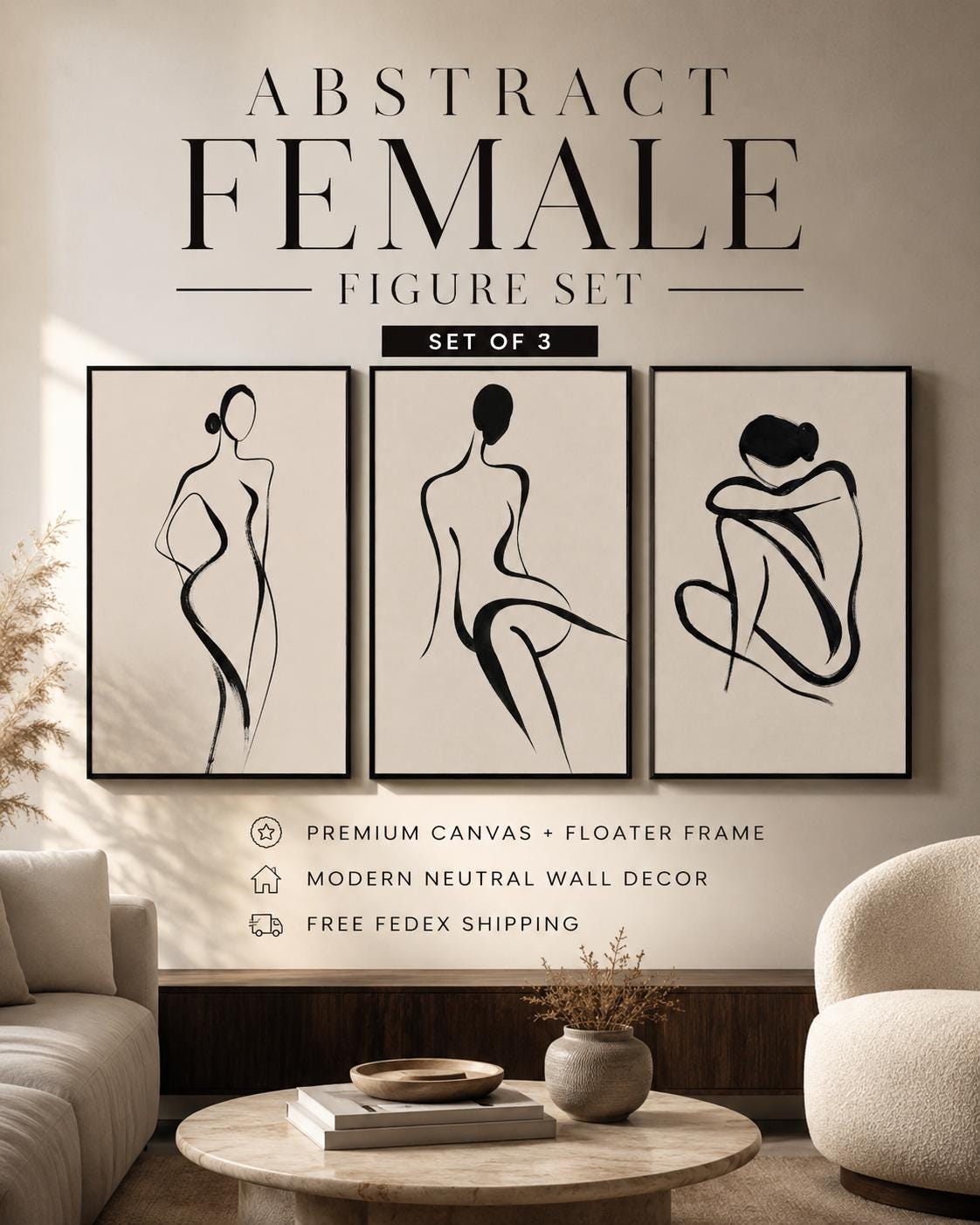 Three black minimalist female figure line drawings on neutral backgrounds