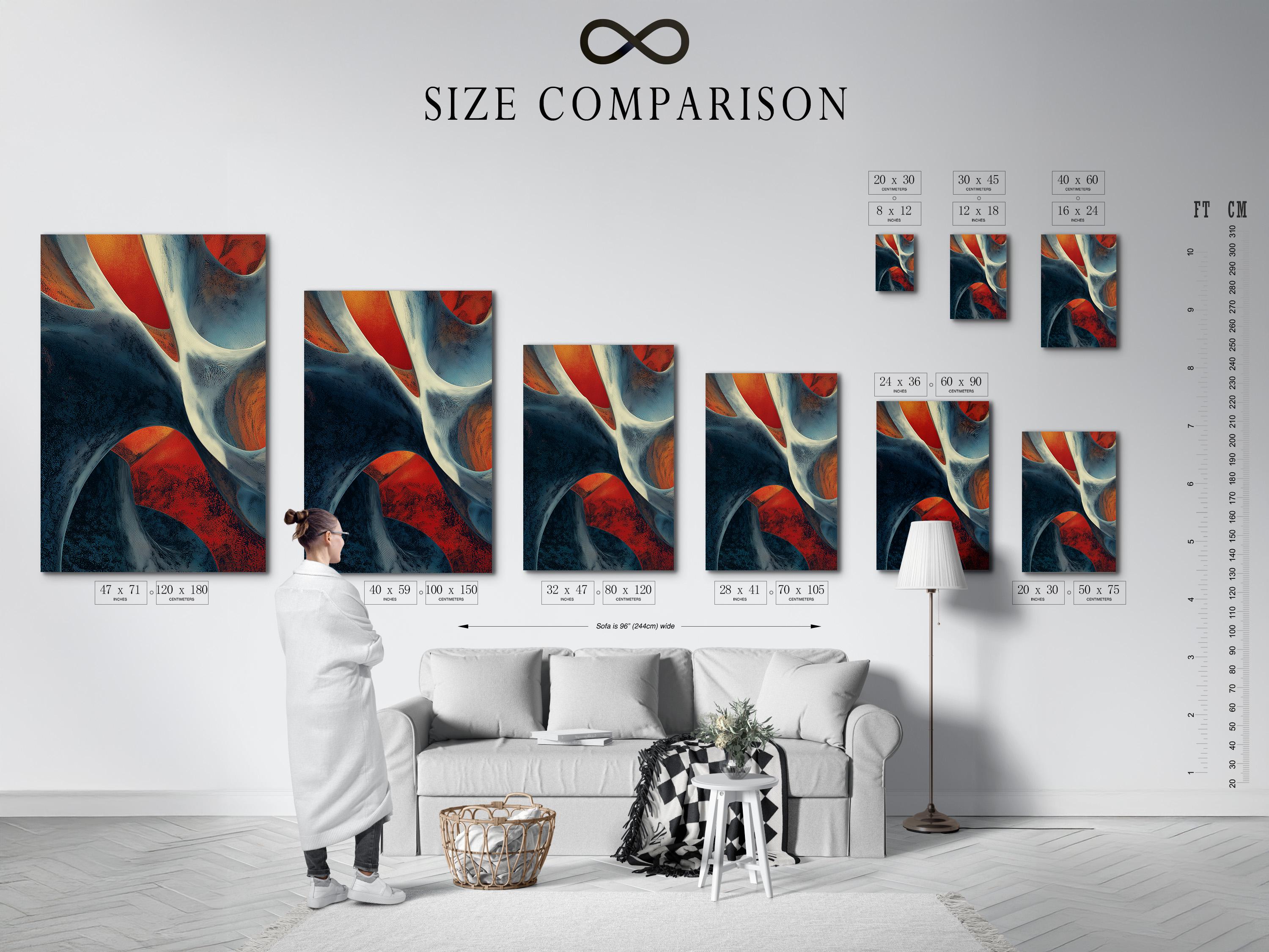 Abstract geometric artwork with indigo and blue curved ribbons, cream highlights, and coral-red accents detail view