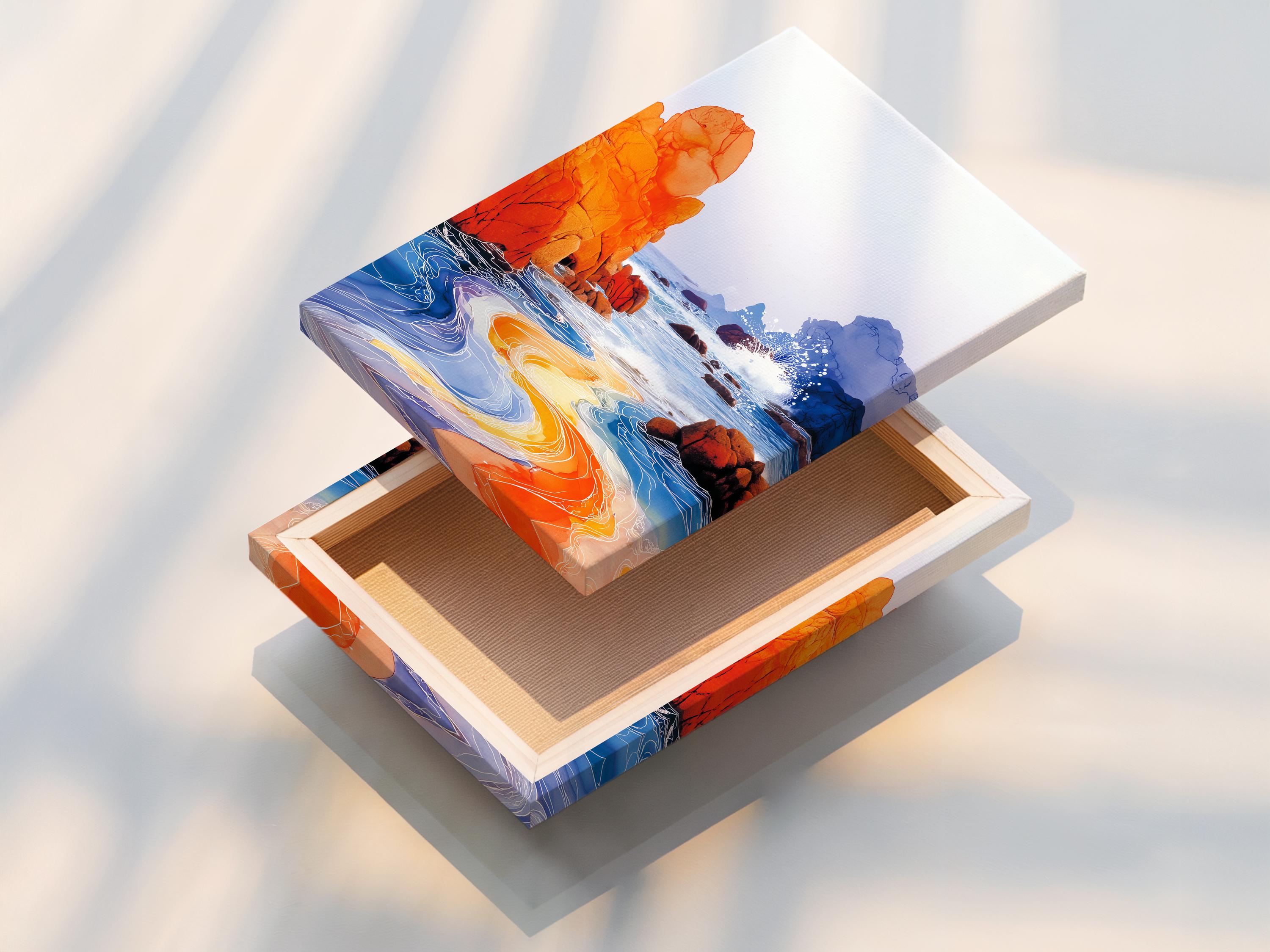 Orange and blue coastal seascape with foamy white waves and rocky cliffs detail view