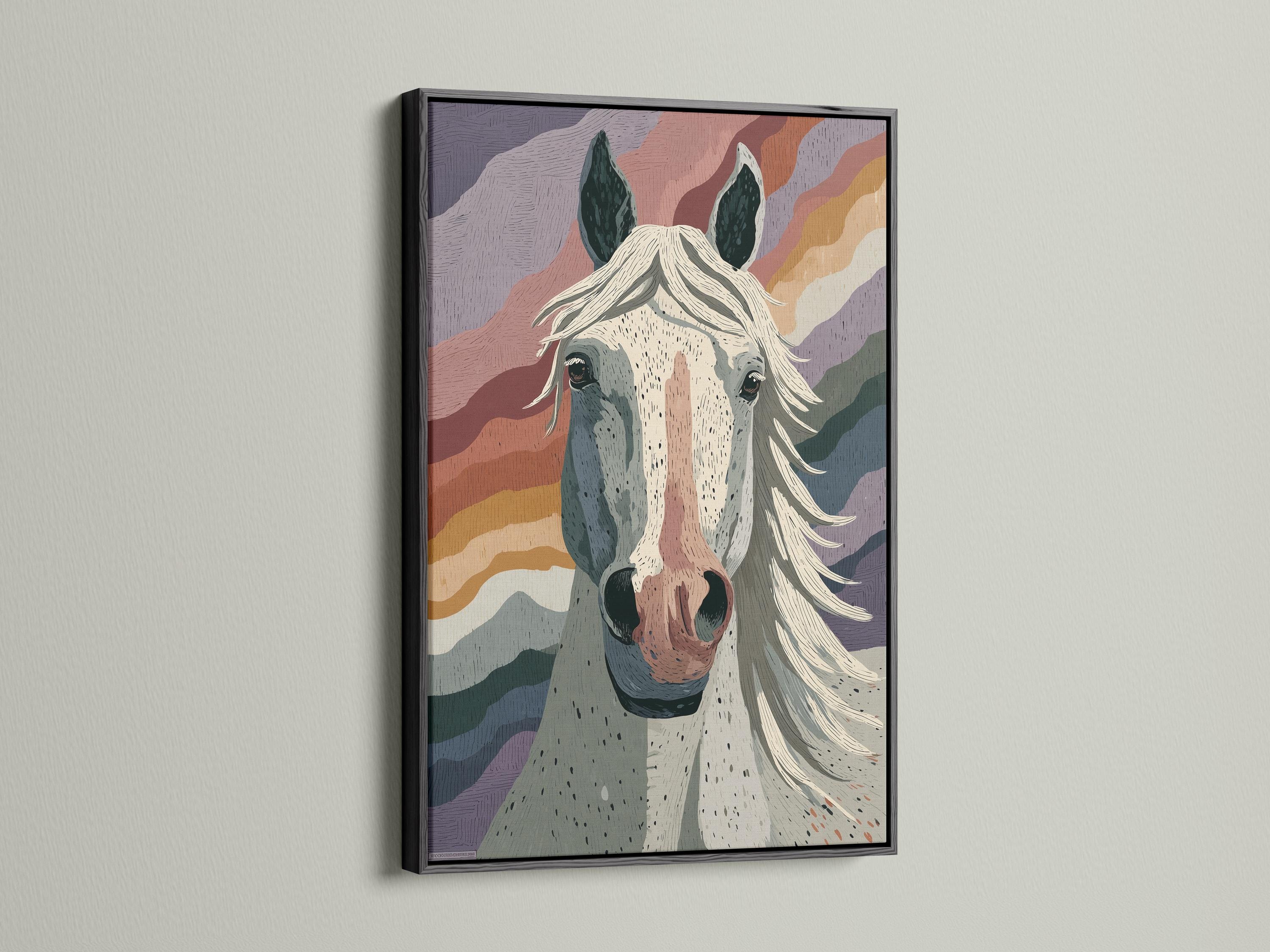 Abstract portrait of a horse head with cream muzzle, dark ears and flowing mane over layered wave-like bands detail view