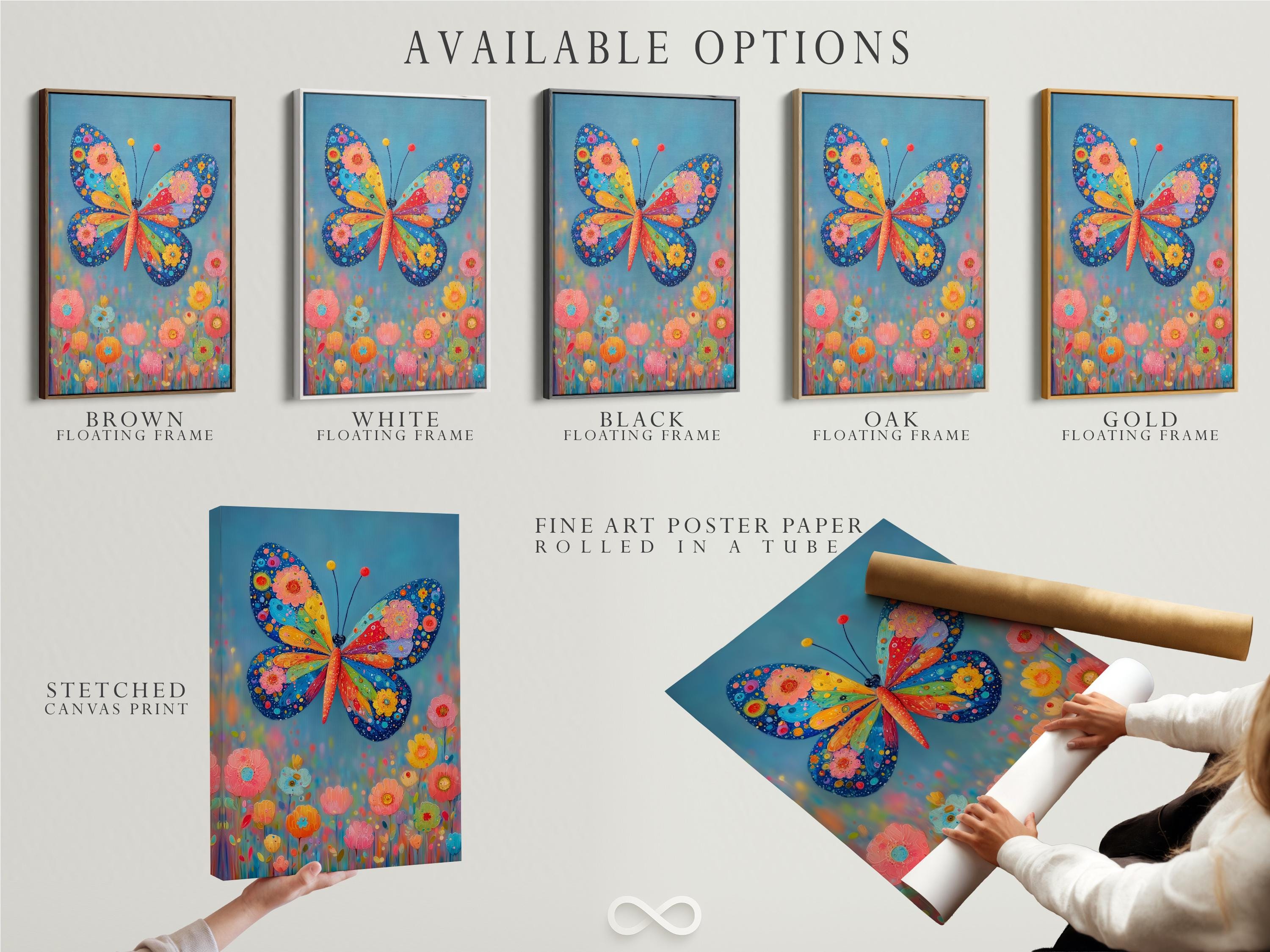 A bright stylised butterfly with patterned wings over colourful flowers on a blue background detail view
