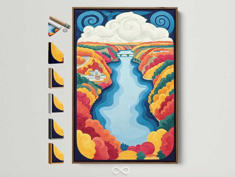 Stylised autumn river valley landscape with winding blue river, warm foliage, pale clouds and small buildings