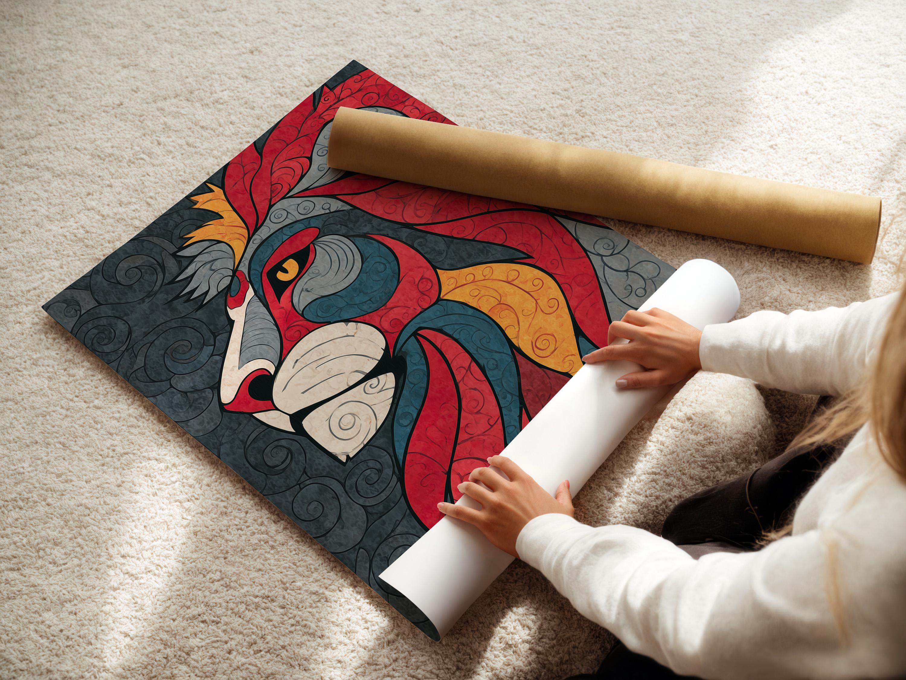 A stylised lion in bold reds, greys, and golds rests across a swirling patterned background with curled tail and mane shapes detail view