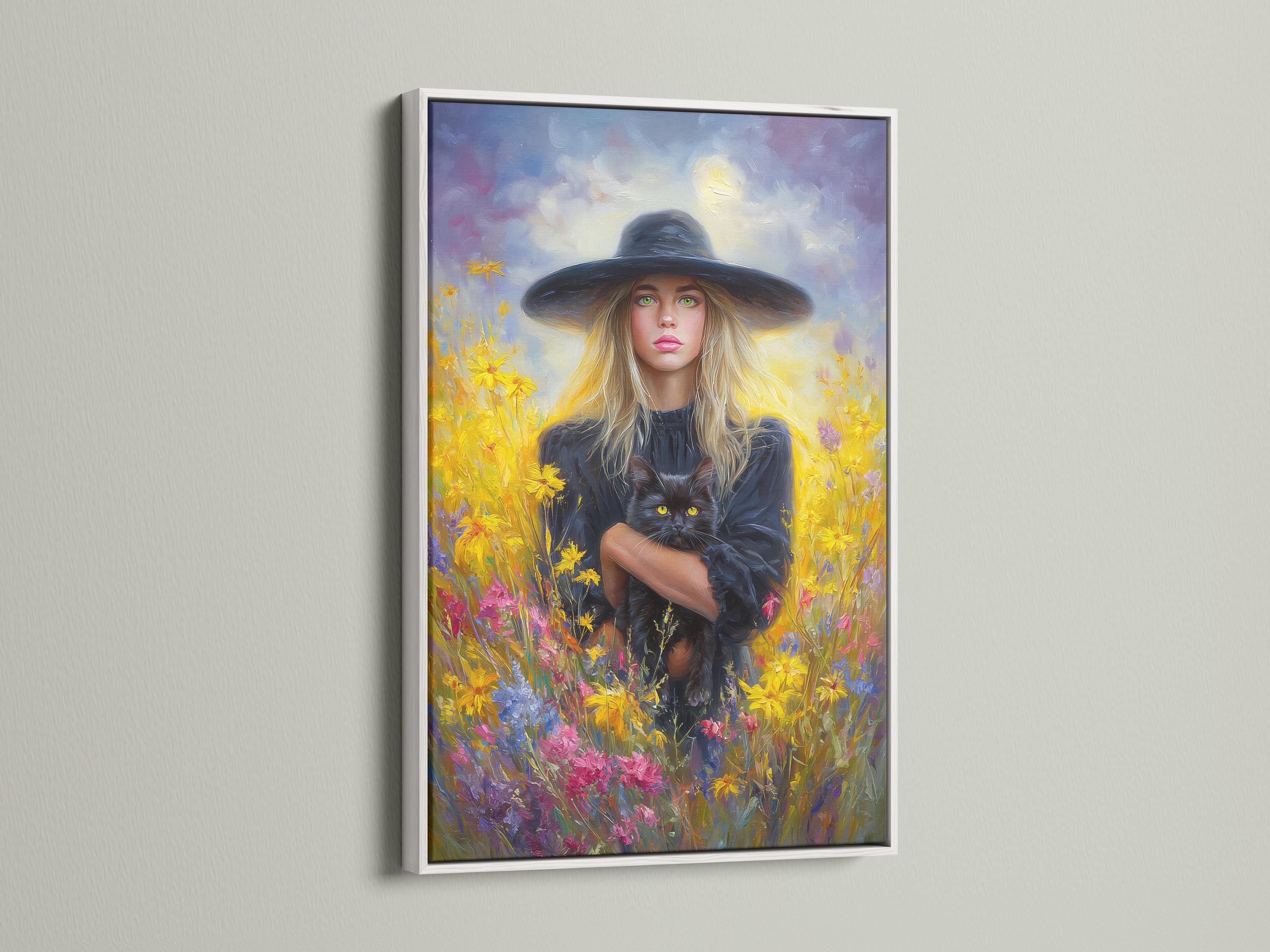 Blonde witch in a wide hat holding a black cat in a field of bright flowers detail view
