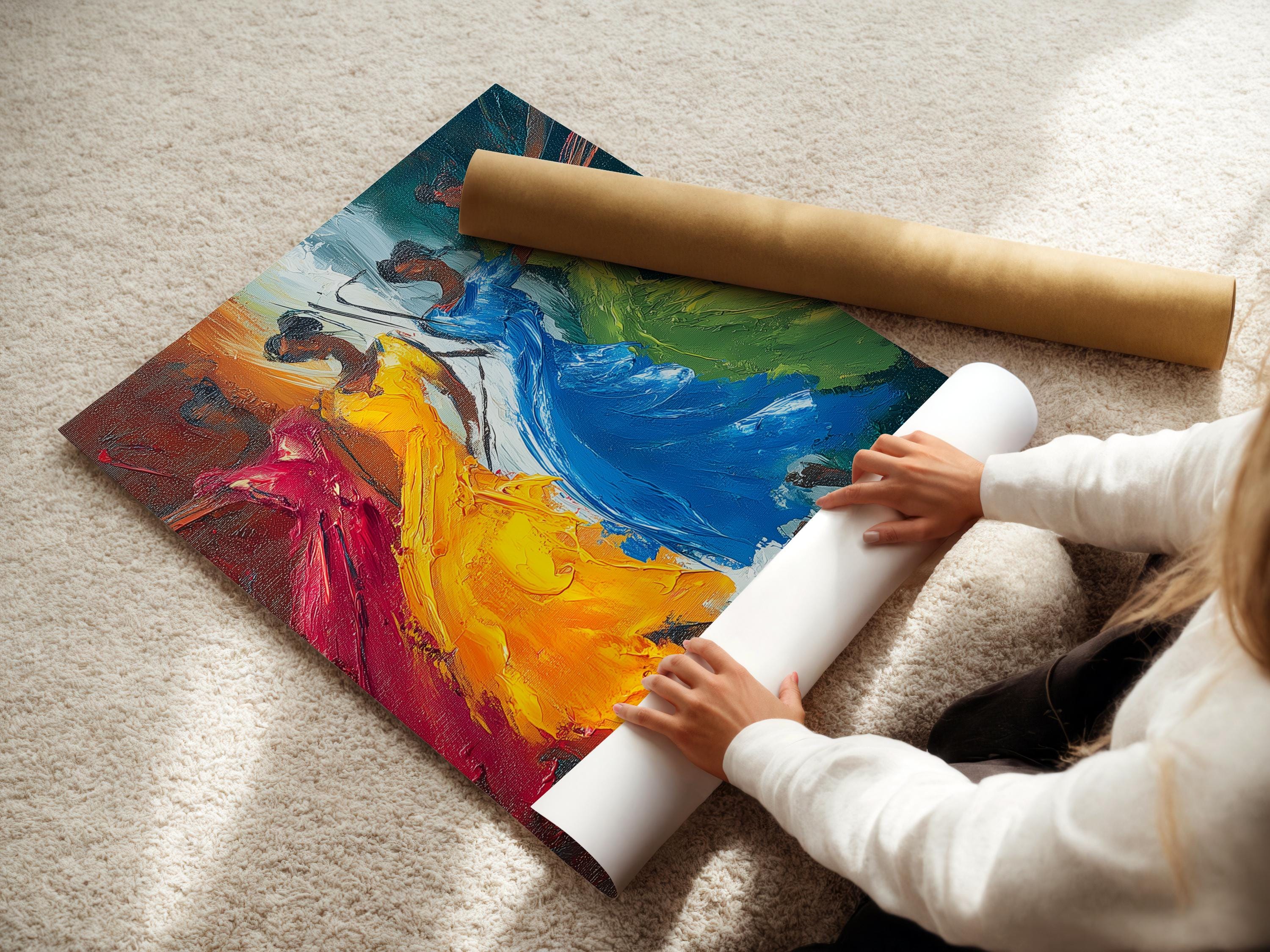 Abstract painting showing three stylised dancing figures in orange, blue, green and pink tones detail view