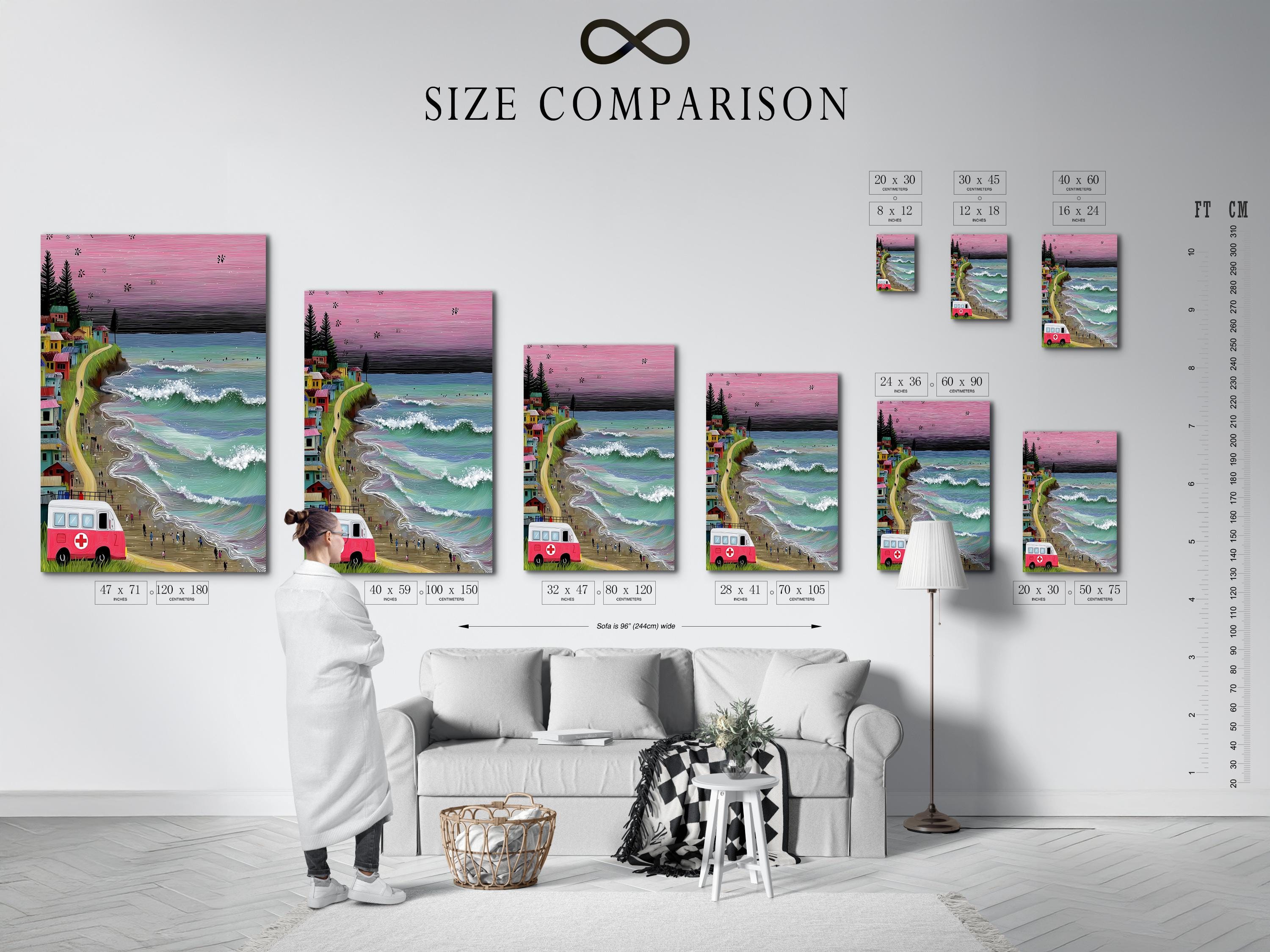 Retro beach village artwork with a pink sunset sky, ocean waves, and a red-and-white van detail view