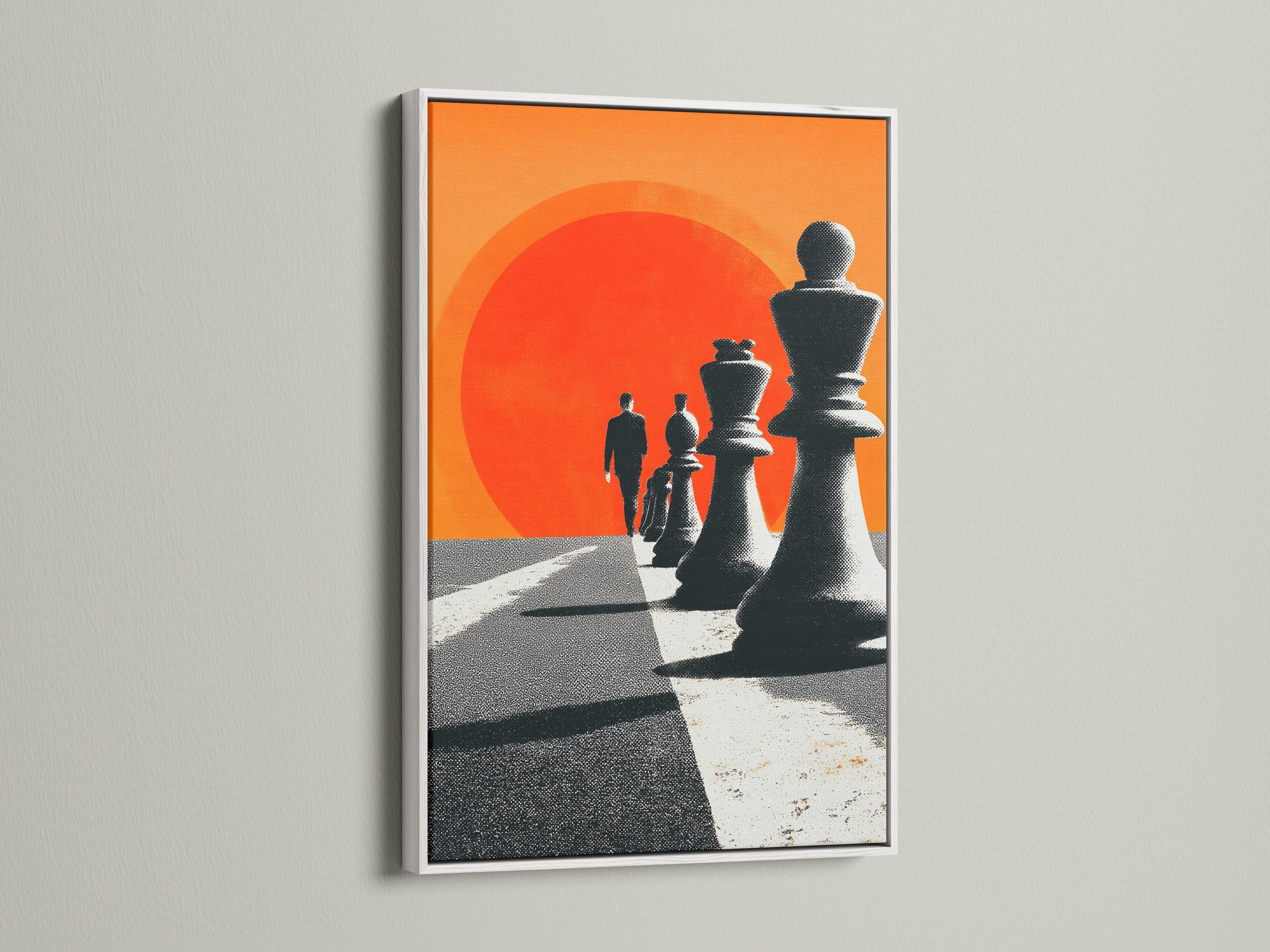 Chess wall art in an office or lounge setting with warm lighting