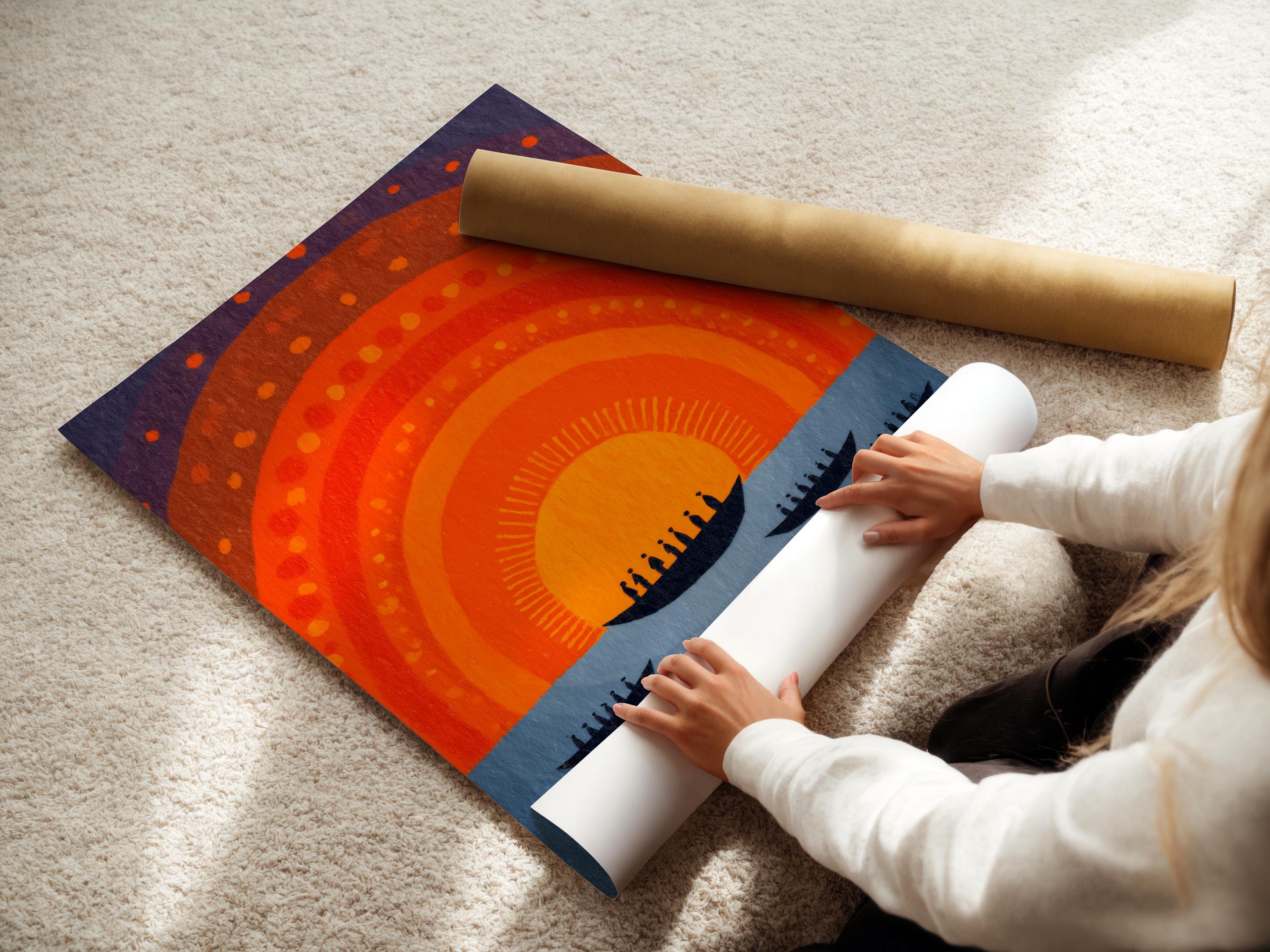 Abstract boats and sunset arcs in orange and navy with a purple dotted sky detail view