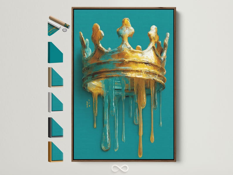 Teal background crown with warm gold and bronze dripping paint effect