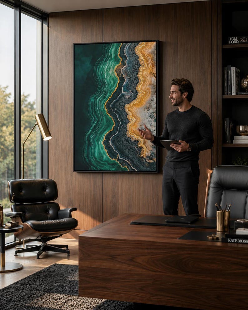 Abstract agate-style artwork with teal and green ridges and gold and cream swirls