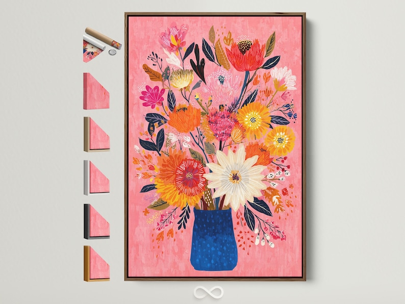 Vibrant floral bouquet artwork with flowers in a blue vase on a pink background
