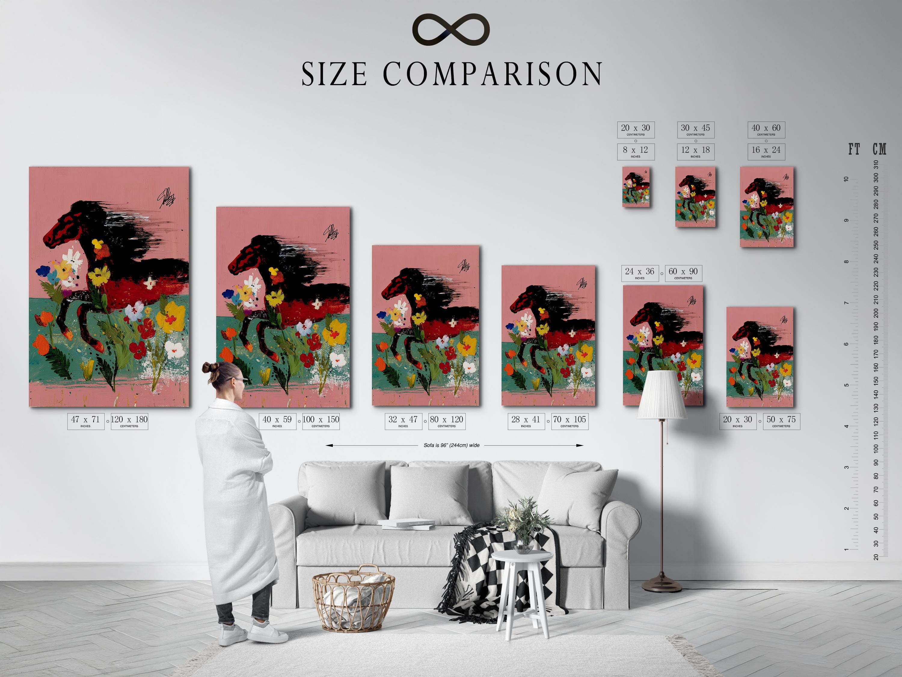 Abstract black horse profile with colourful flowers on a pink background detail view