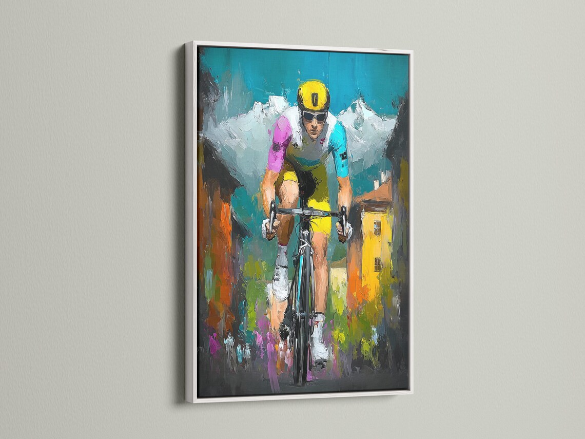 A painterly cycling scene shows two riders in bright helmets and jerseys, framed by colourful trackside vegetation and bold teal, yellow and magenta