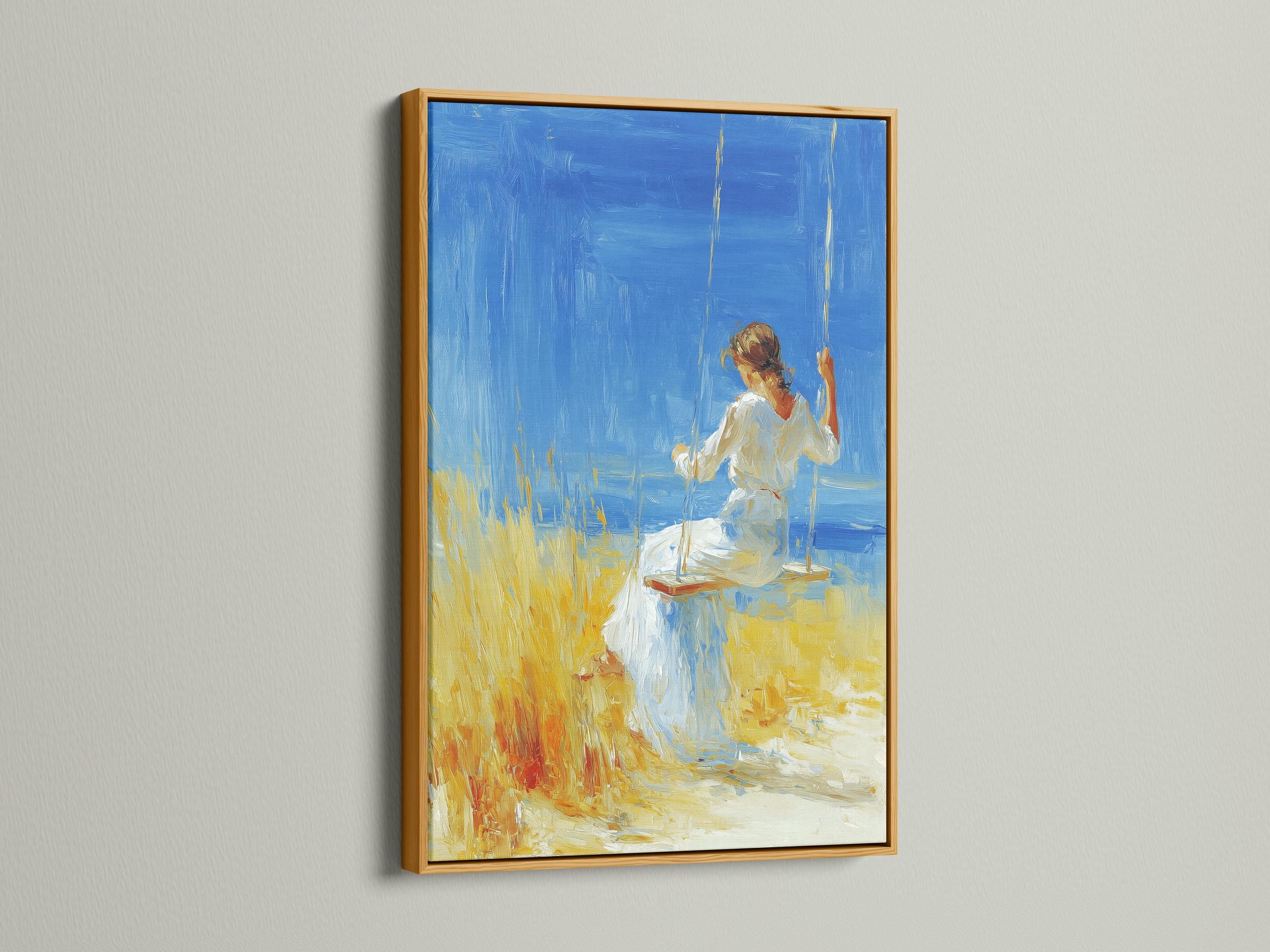 Framed artwork featuring a woman on a swing against a bright blue sky, with yellow grass