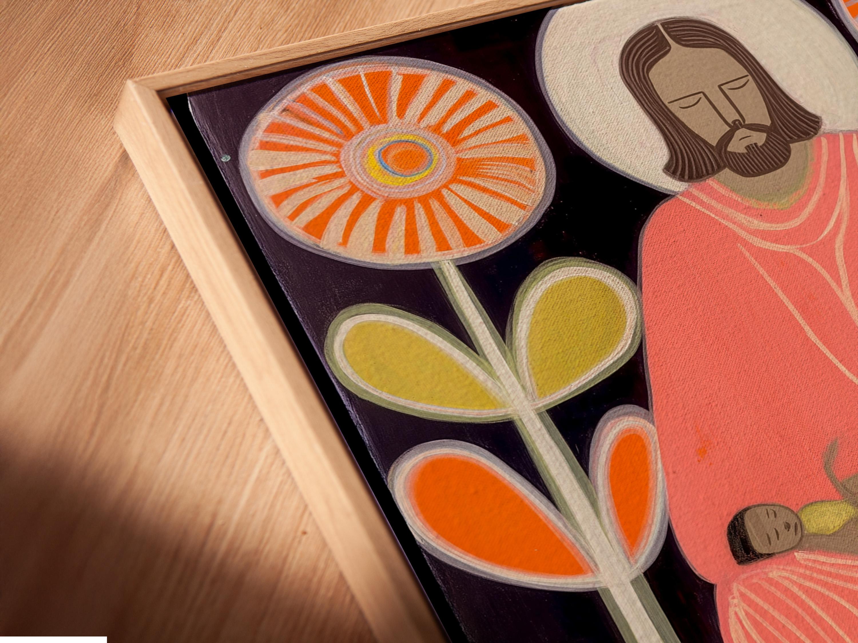 Folk art religious illustration of a haloed bearded figure with children, surrounded by glowing circles and flower stems detail view