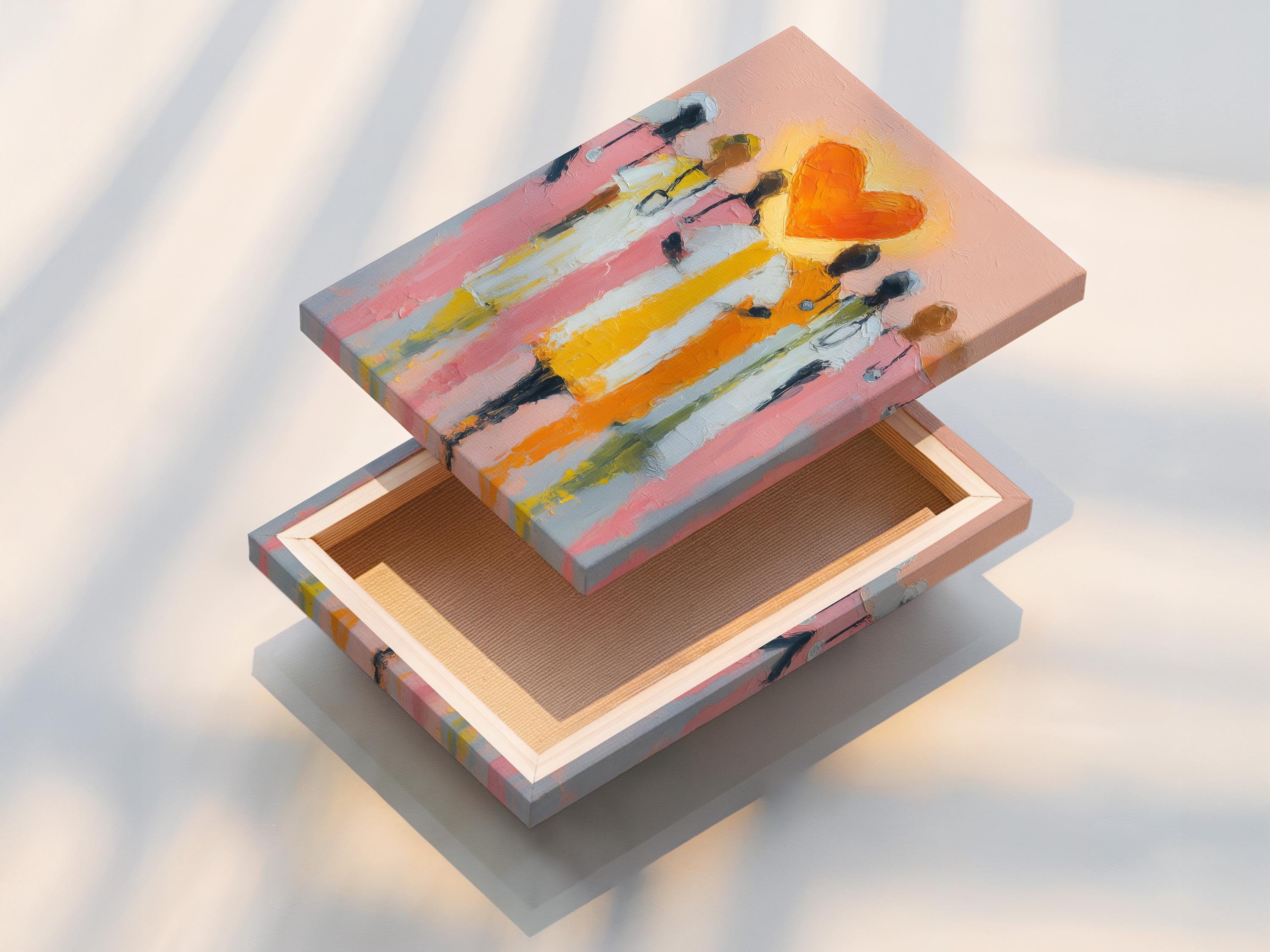 Orange heart above stylised healthcare worker figures on a pink painterly background detail view