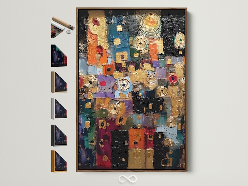 Abstract geometric artwork with gold spiral circles and colourful teal, red and purple blocks on a dark background