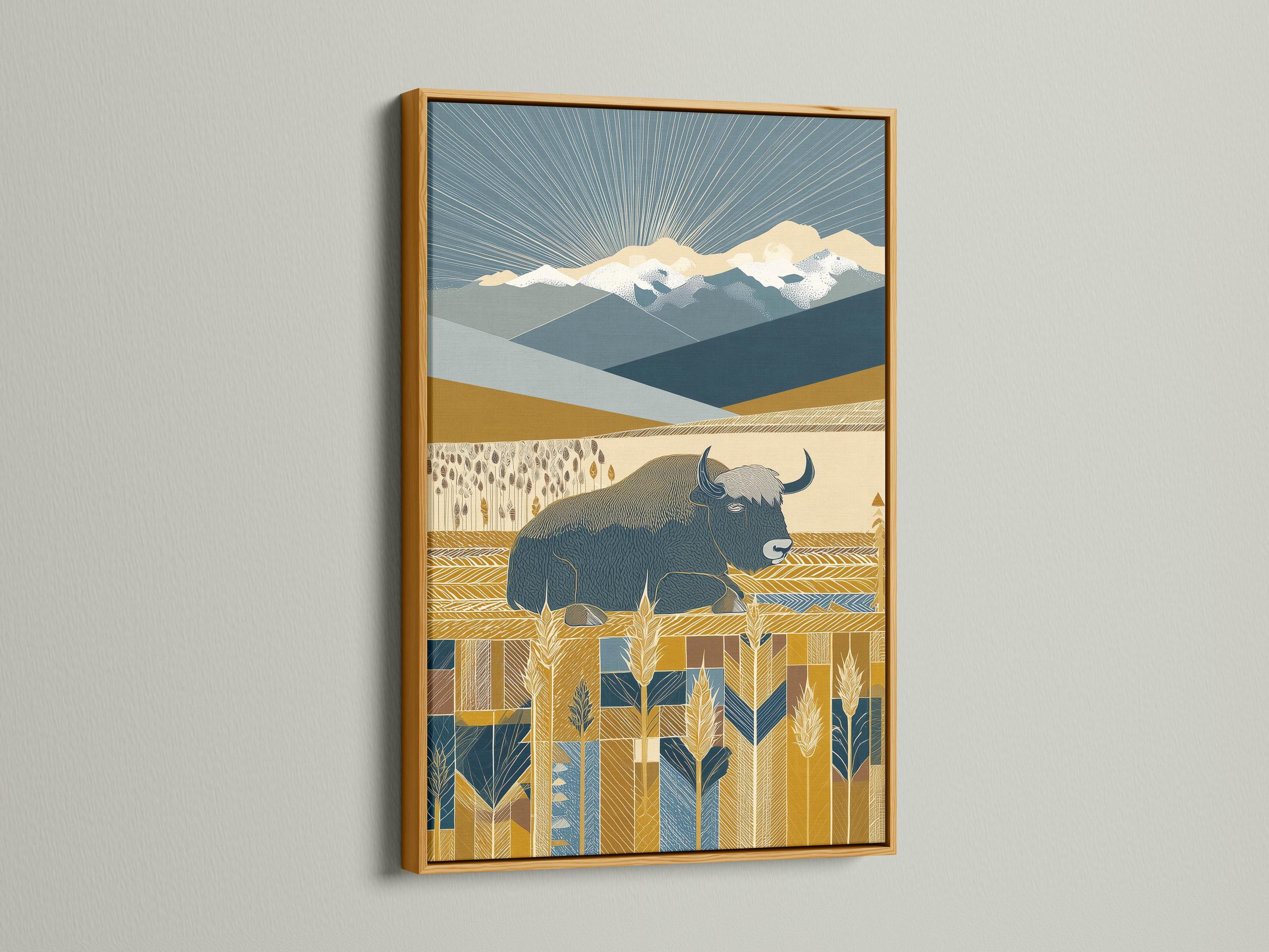 Stylised yak in ochre and navy blue mountain landscape with radiating line rays and wheat-like plants detail view