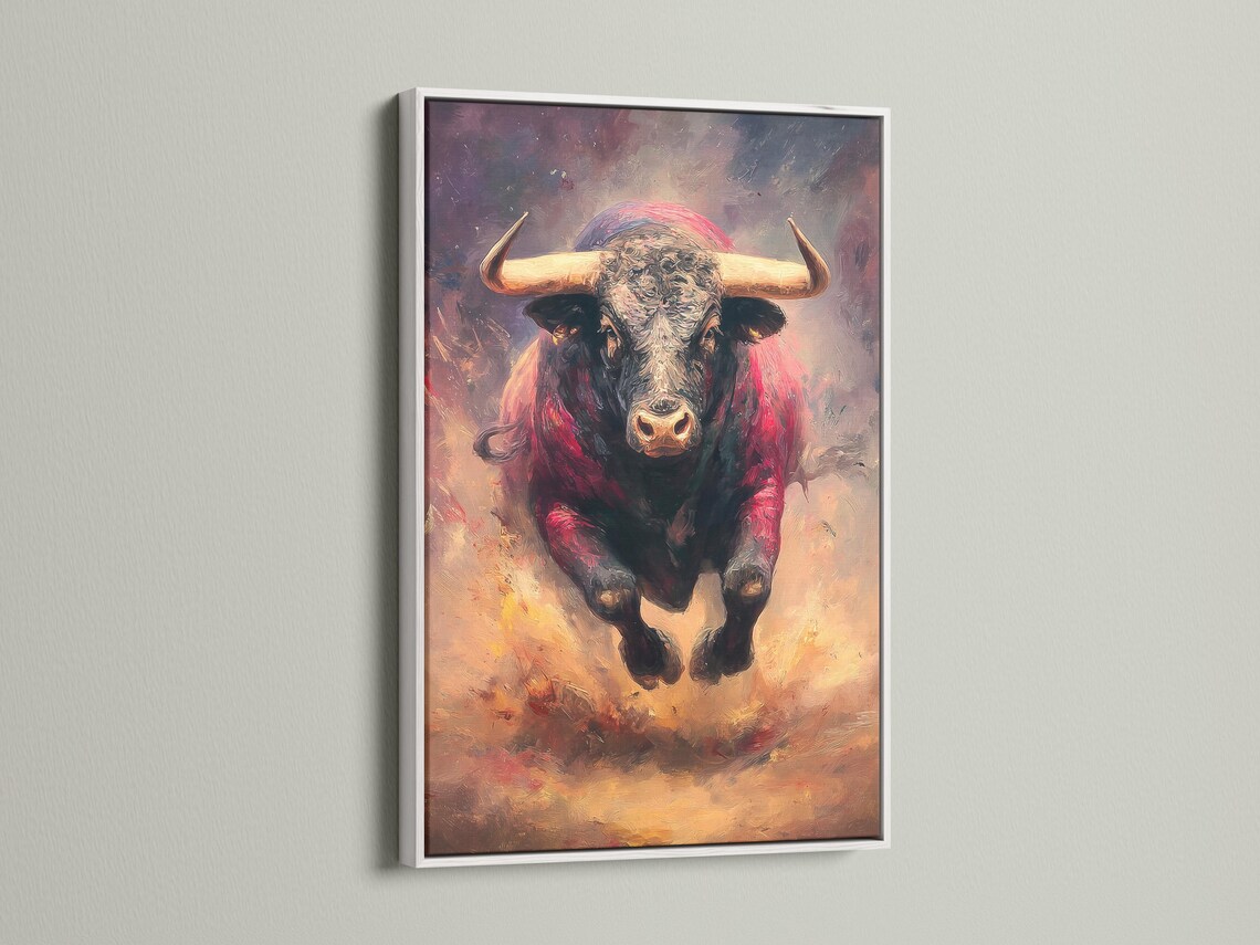 Charging bull portrait wall artwork in red and beige with curved horns detail view