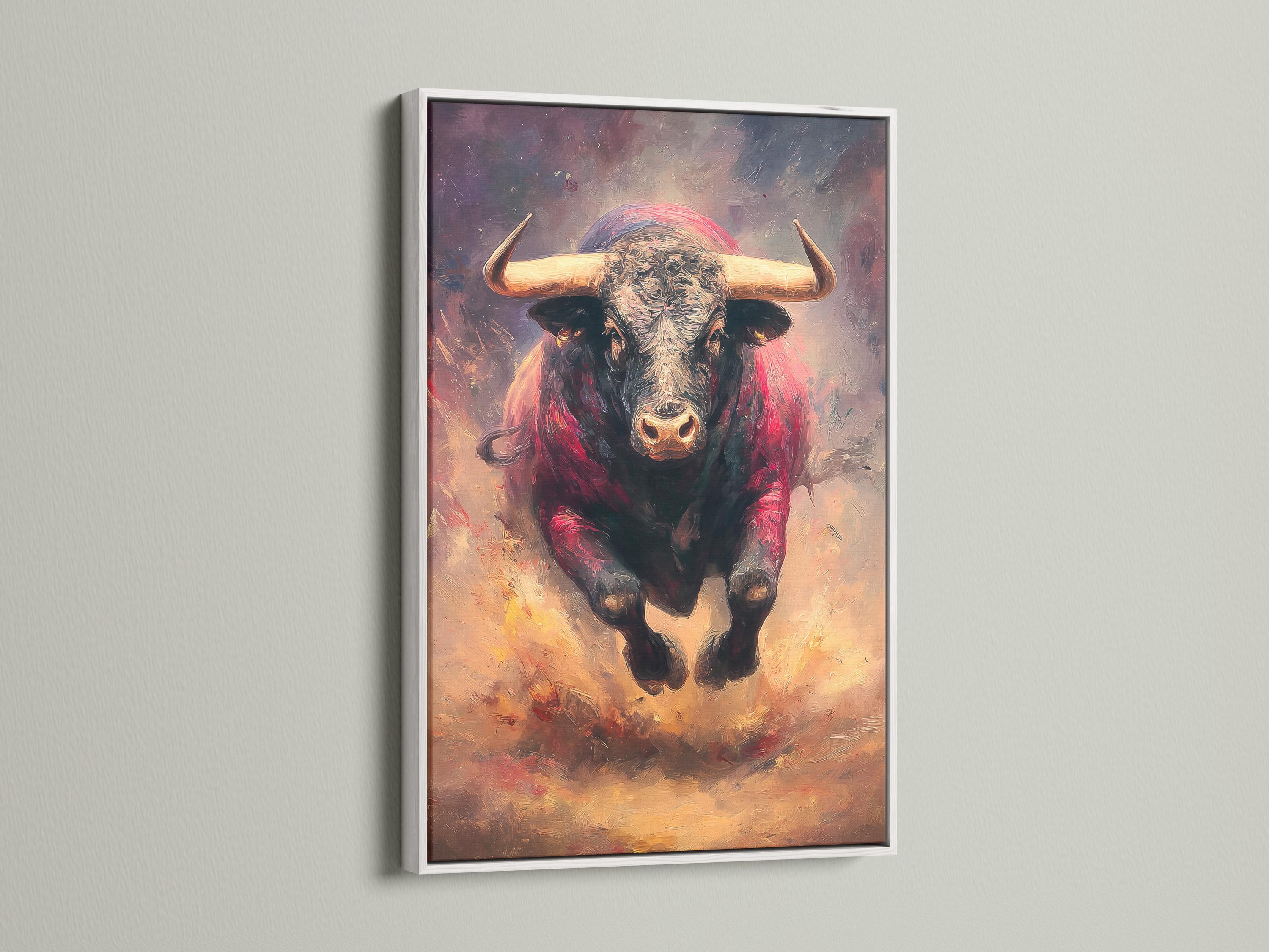 Charging bull portrait wall artwork in red and beige with curved horns detail view
