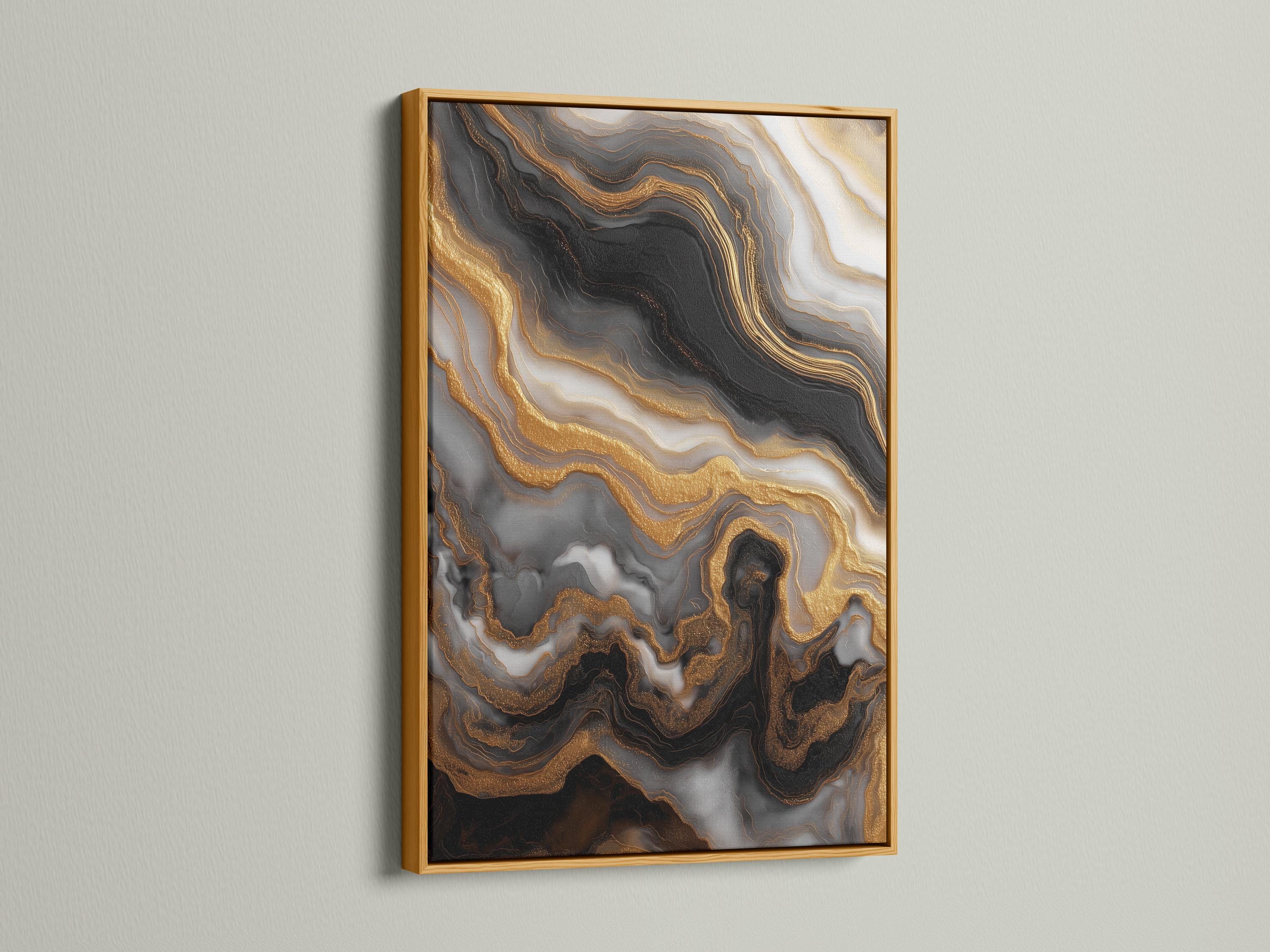 Abstract marble-like design with black and grey swirls and gold vein lines detail view