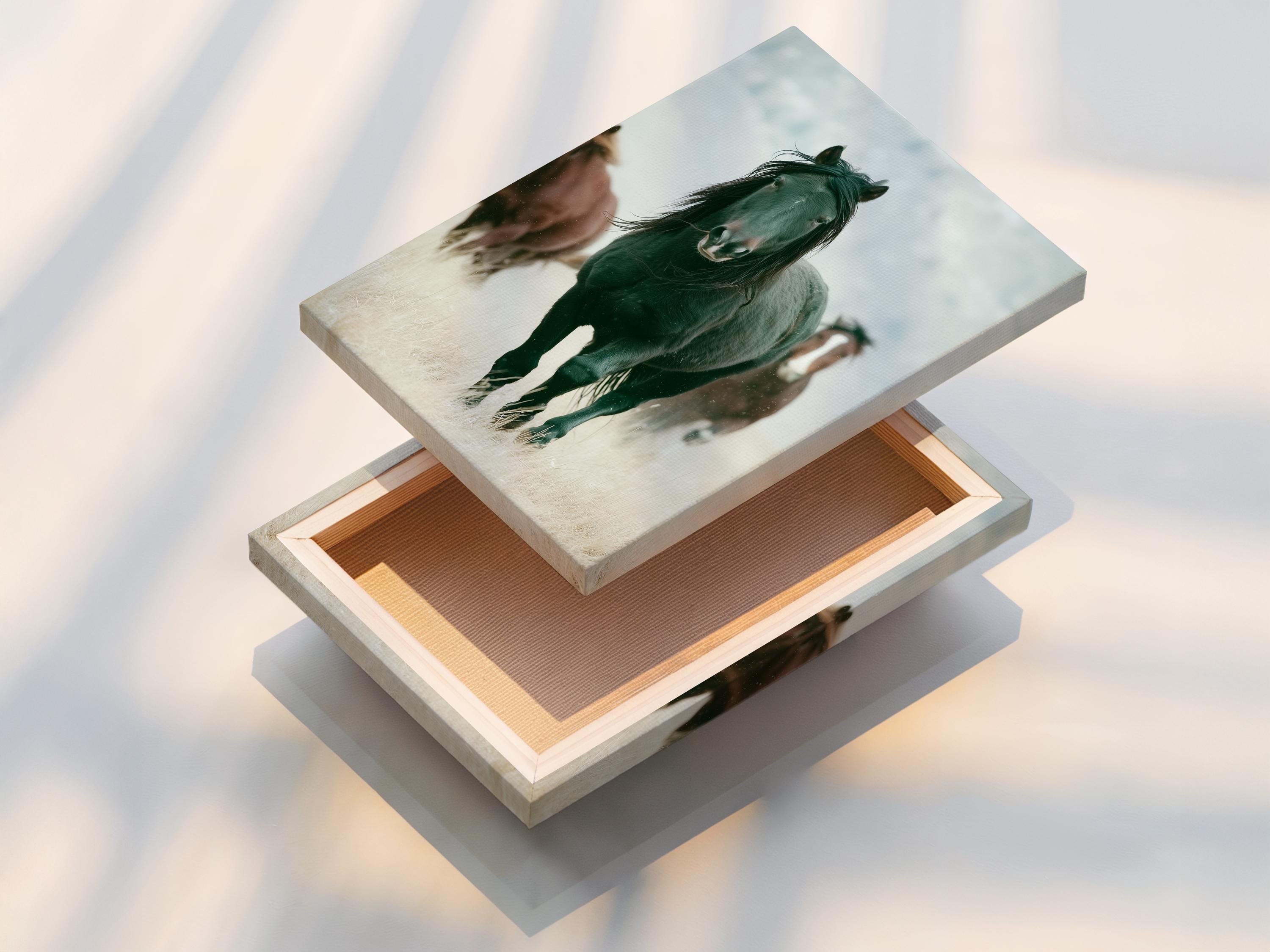 Muted green horse portrait with a pale misty background and a blurred second horse detail view