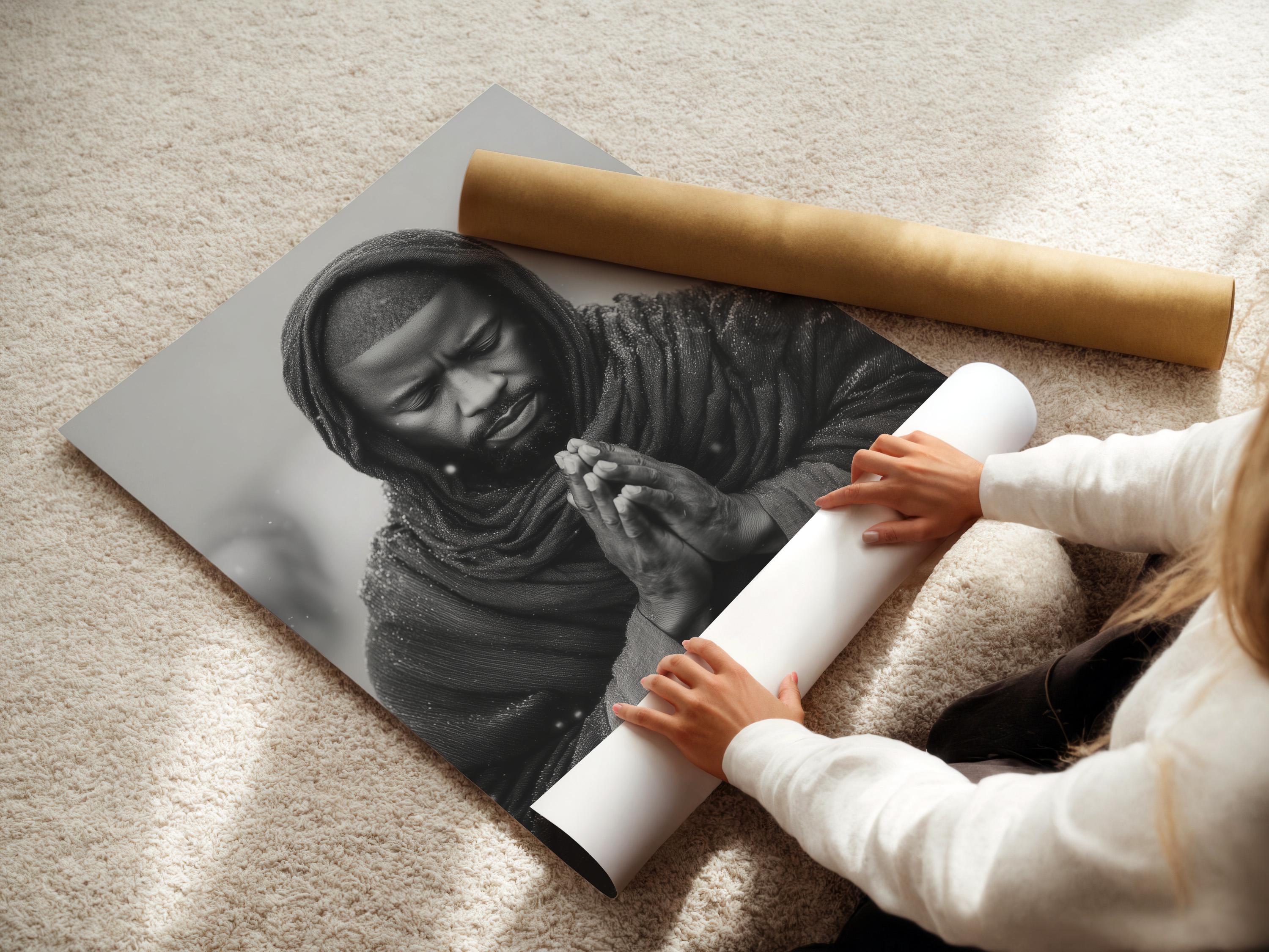 Room mockup showing a framed monochrome praying man portrait on a light background