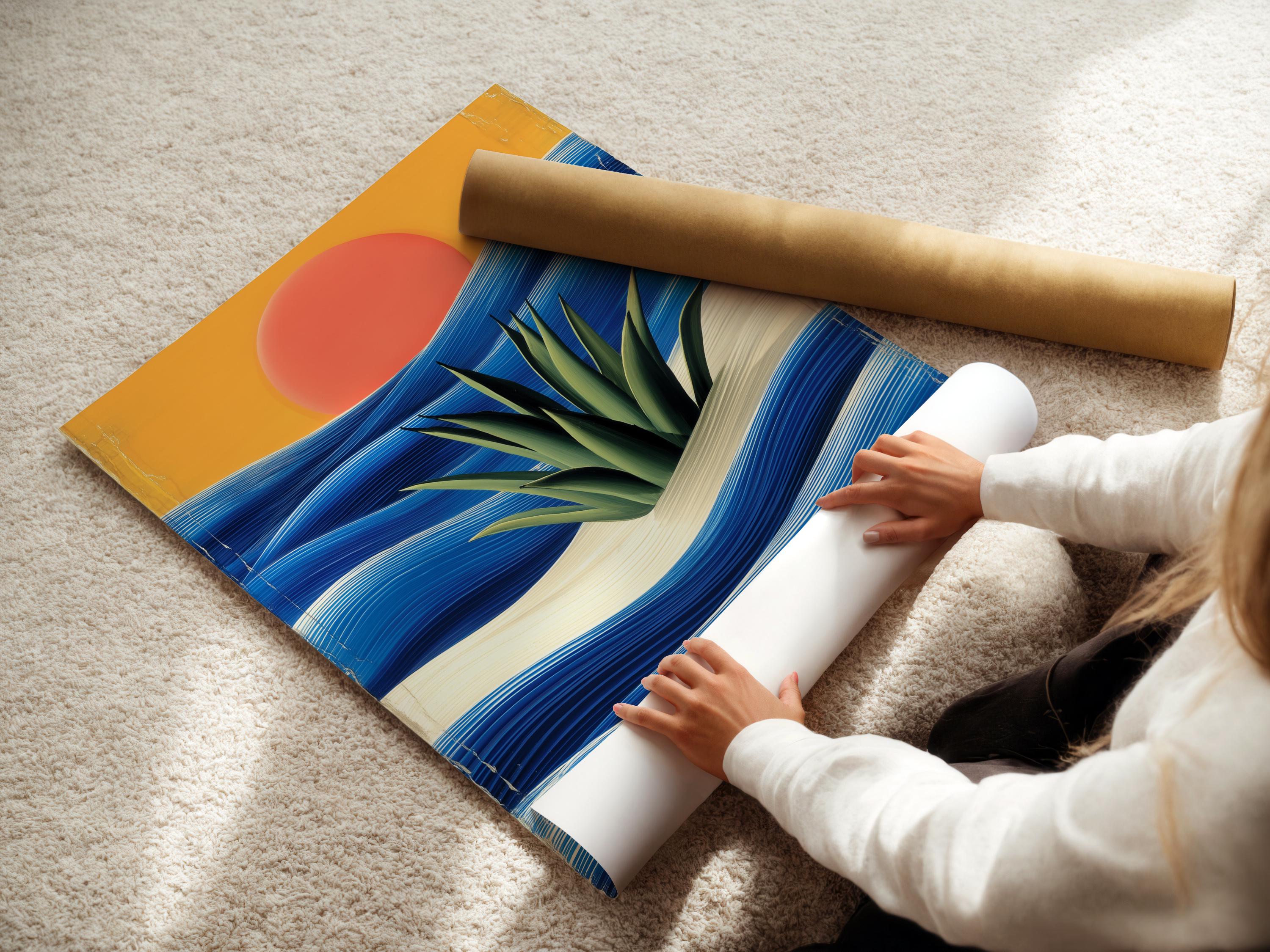 Sunset over stylised ocean waves with spiky green plants and pale sandy foreground detail view