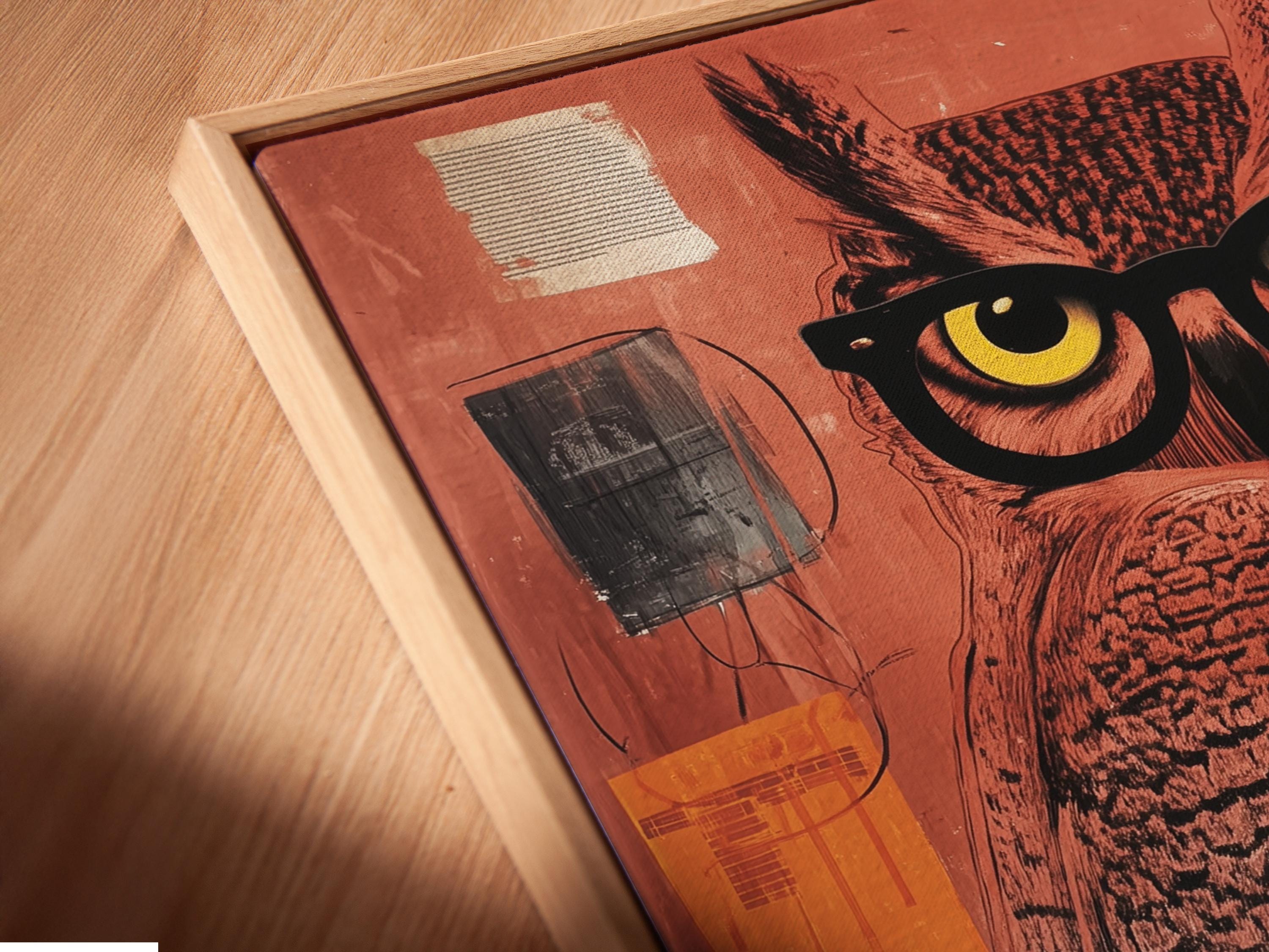 Stylised owl wearing oversized glasses in terracotta, teal and charcoal tones detail view