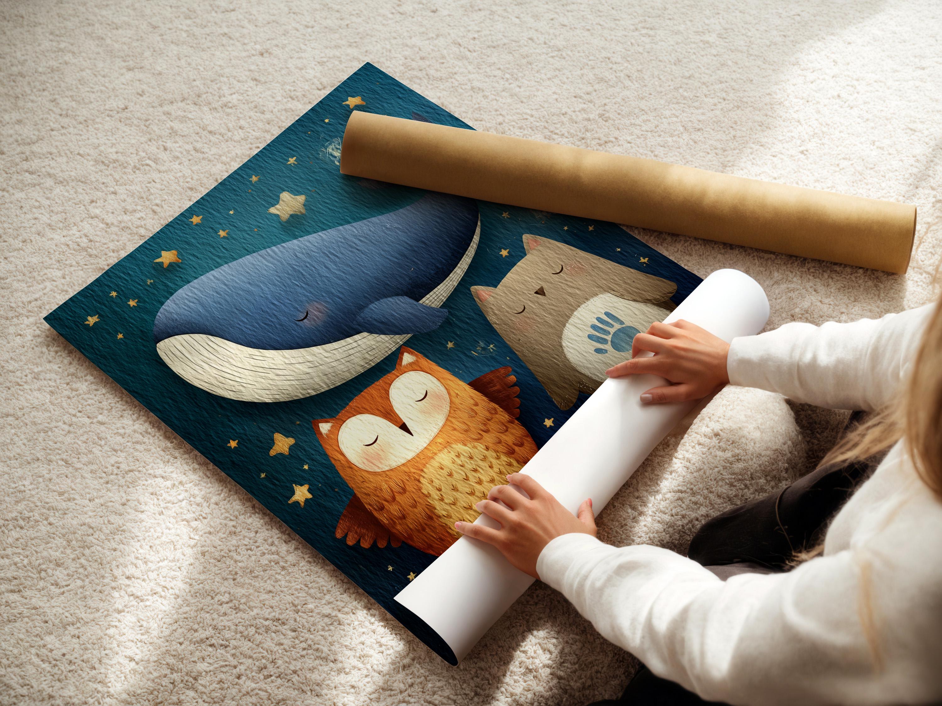 Navy blue animal illustration featuring a large whale, owl-like character, and starry gold accents detail view